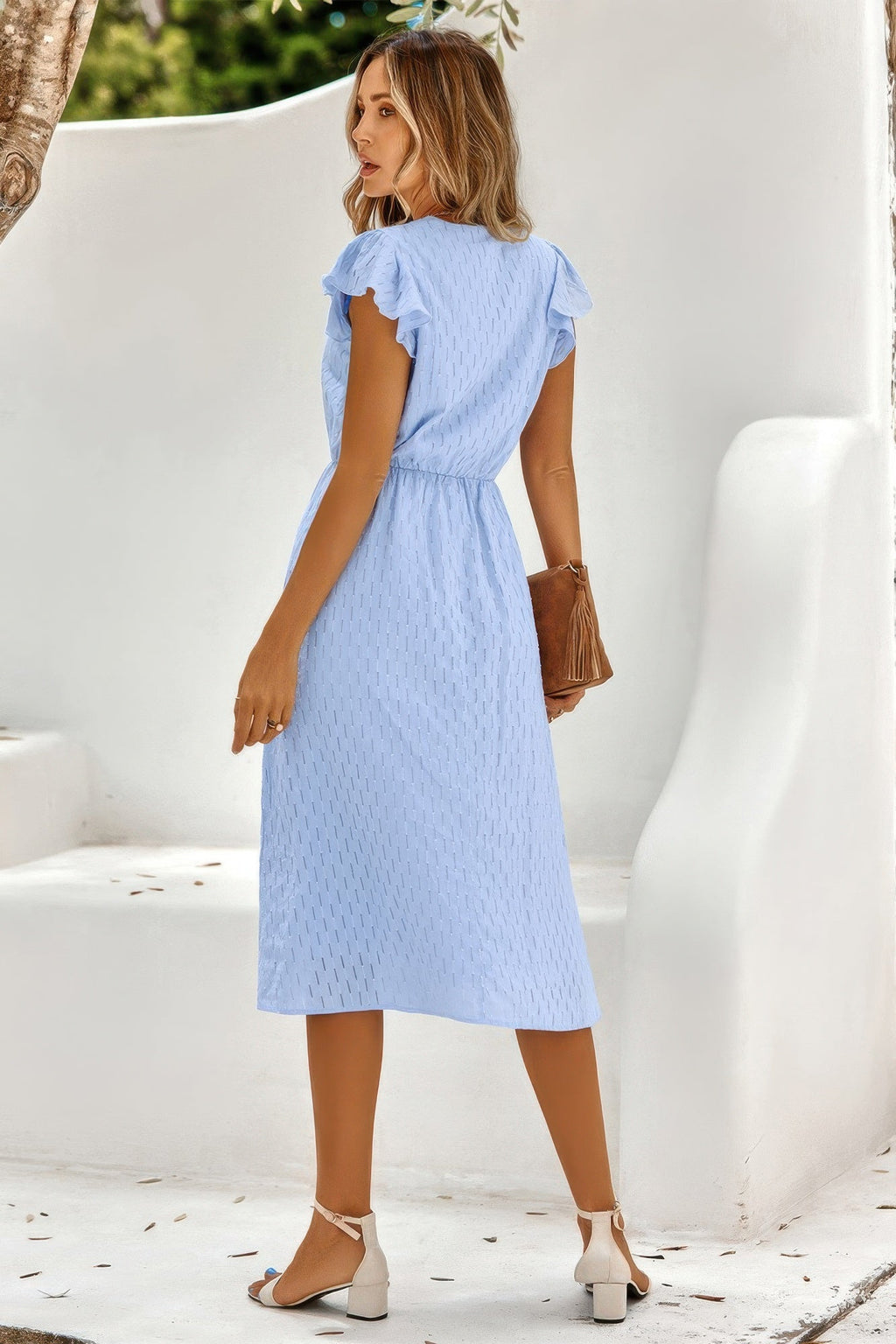 V Neck Short Sleeve Solid Ruffle A Line Midi Dress by Selvanelle