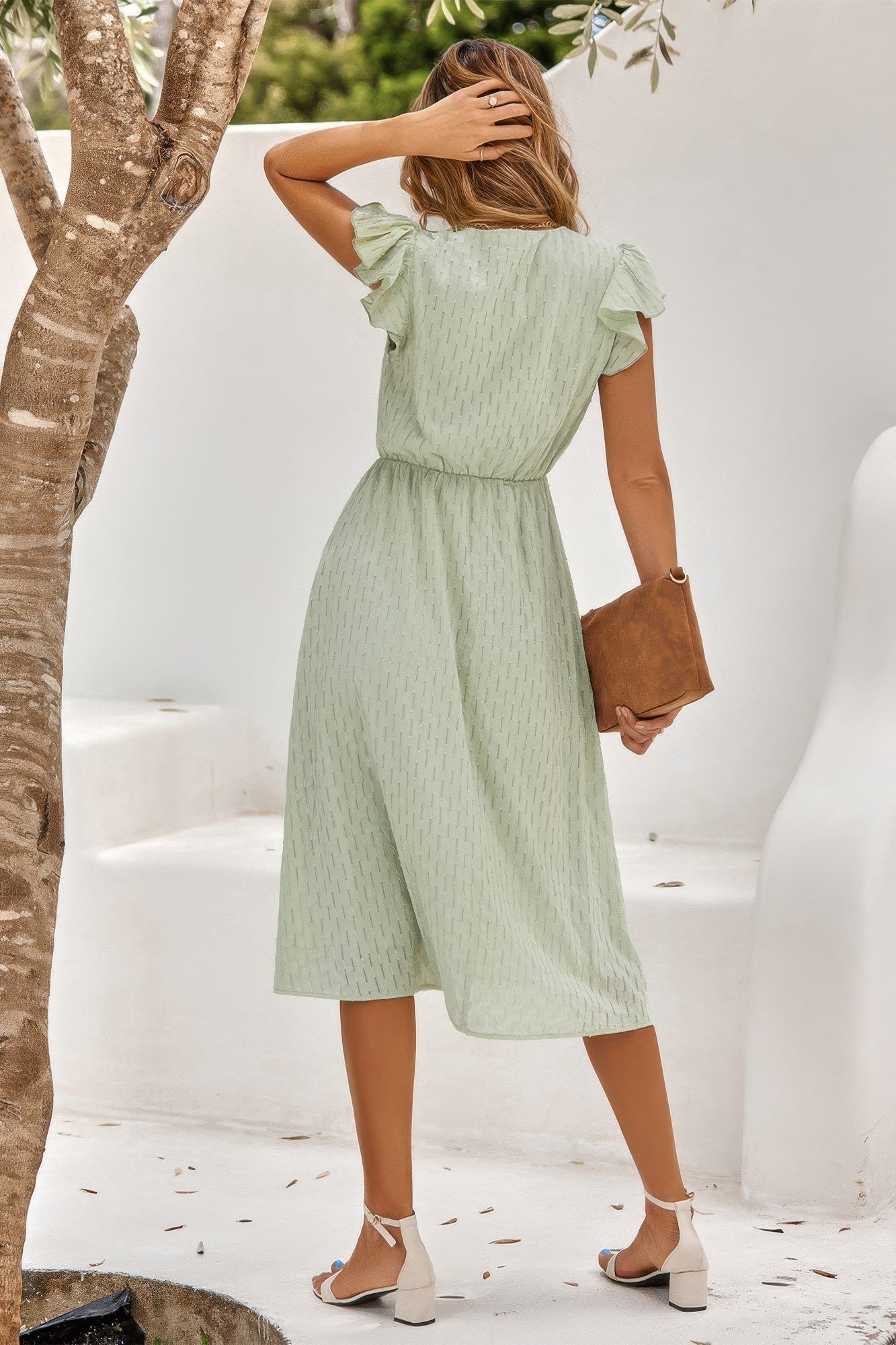 V Neck Short Sleeve Solid Ruffle A Line Midi Dress by Selvanelle