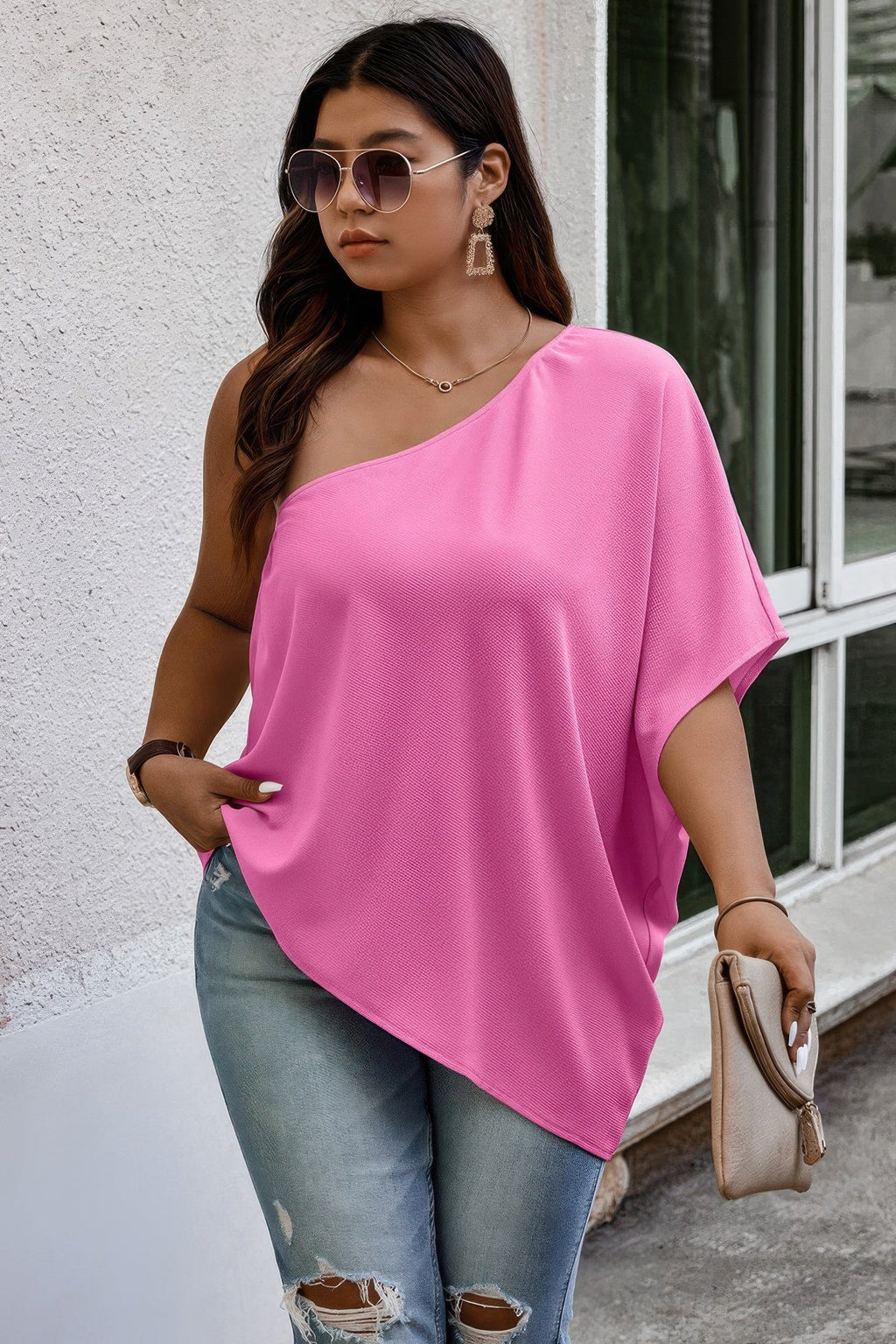Plus One Shoulder Solid Casual Loose Fit Shirt See size chart under “more details”