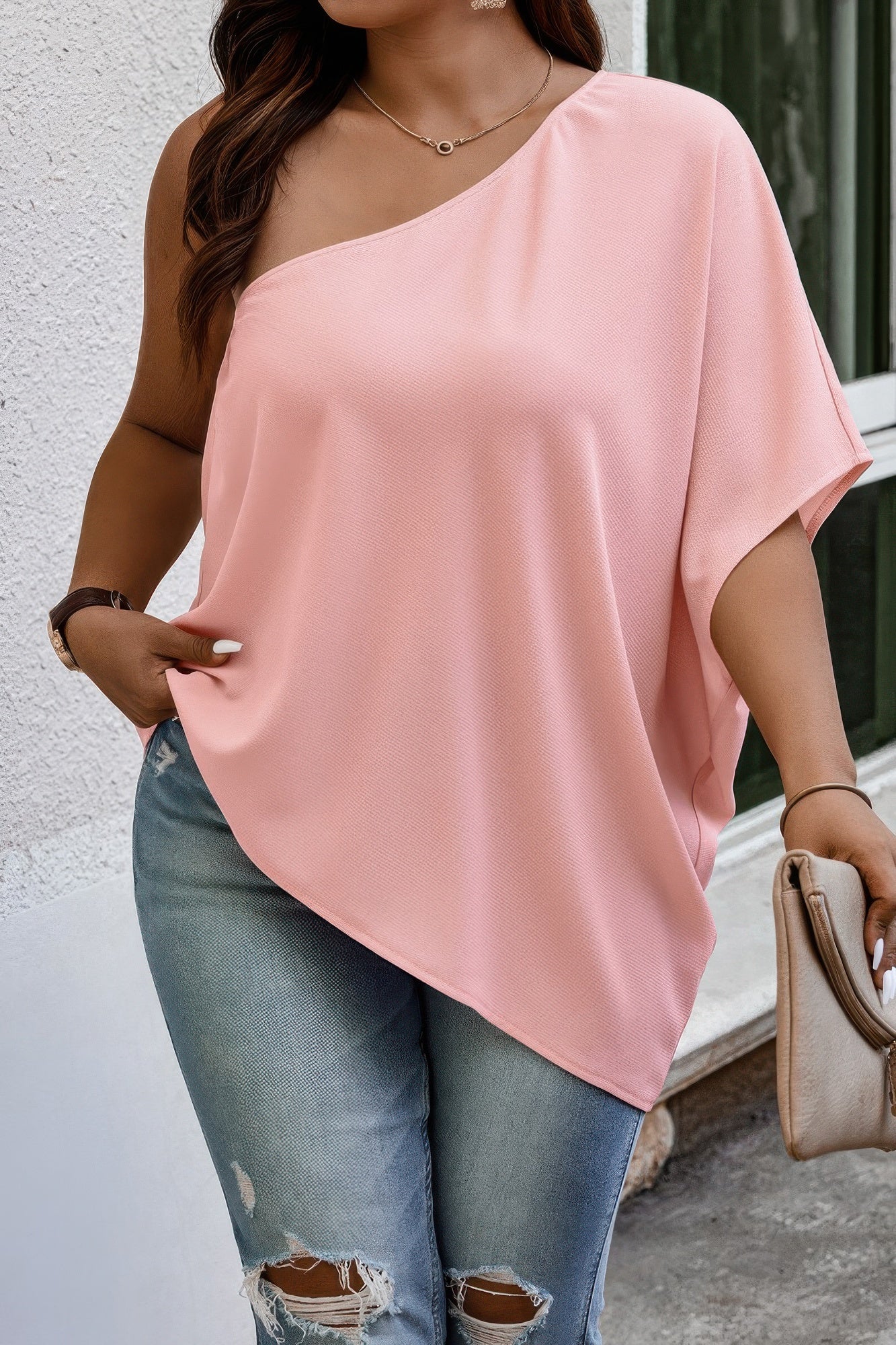 Plus One Shoulder Solid Casual Loose Fit Shirt See size chart under “more details”
