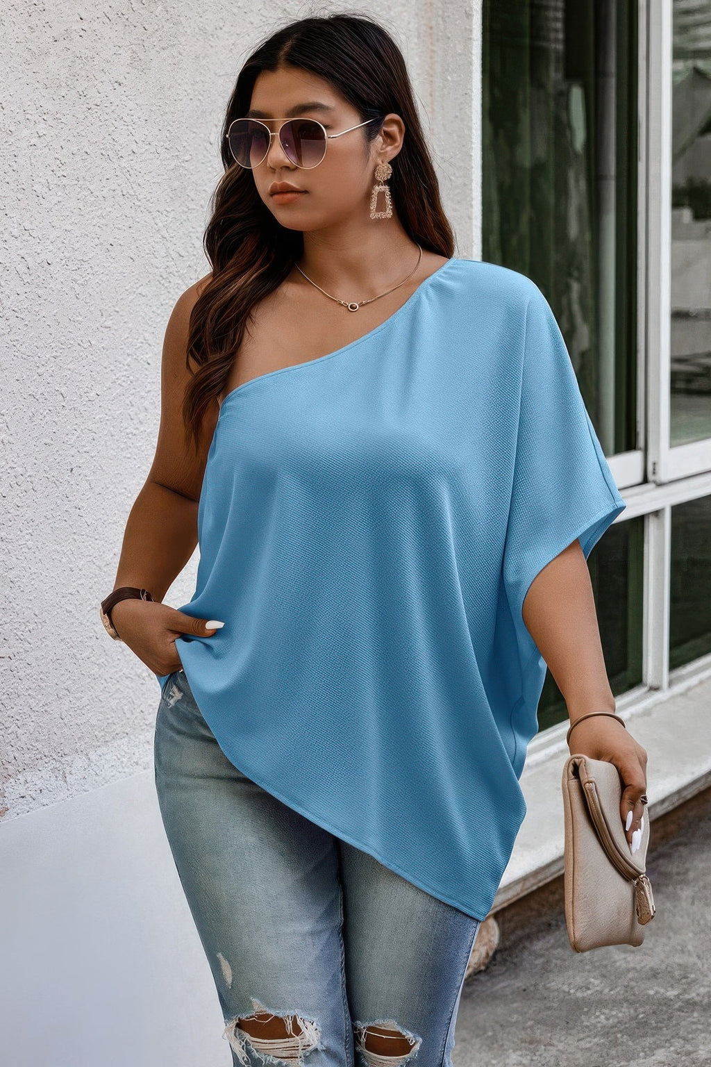 Plus One Shoulder Solid Casual Loose Fit Shirt See size chart under “more details”