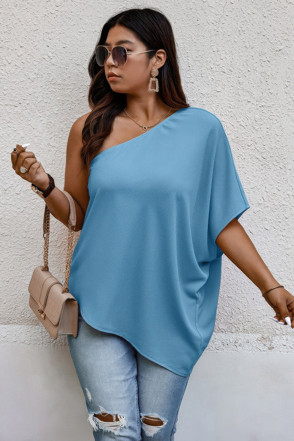 Plus One Shoulder Solid Casual Loose Fit Shirt See size chart under “more details”