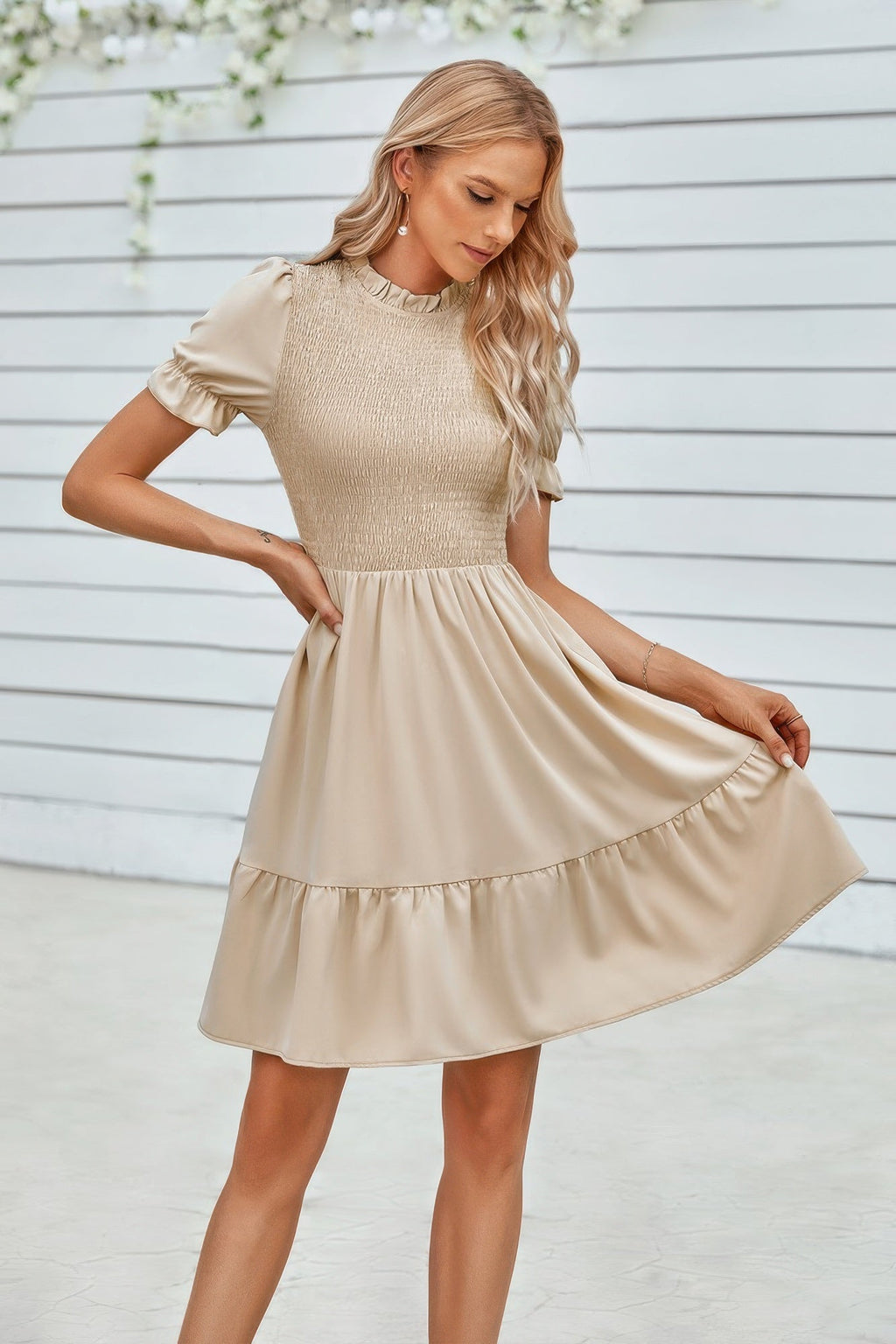 Solid Puff Sleeve Shirred Detail Ruffle Hem Dress by Selvanelle