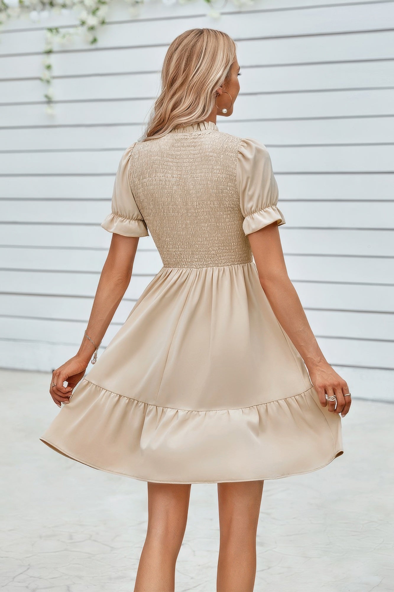 Solid Puff Sleeve Shirred Detail Ruffle Hem Dress by Selvanelle