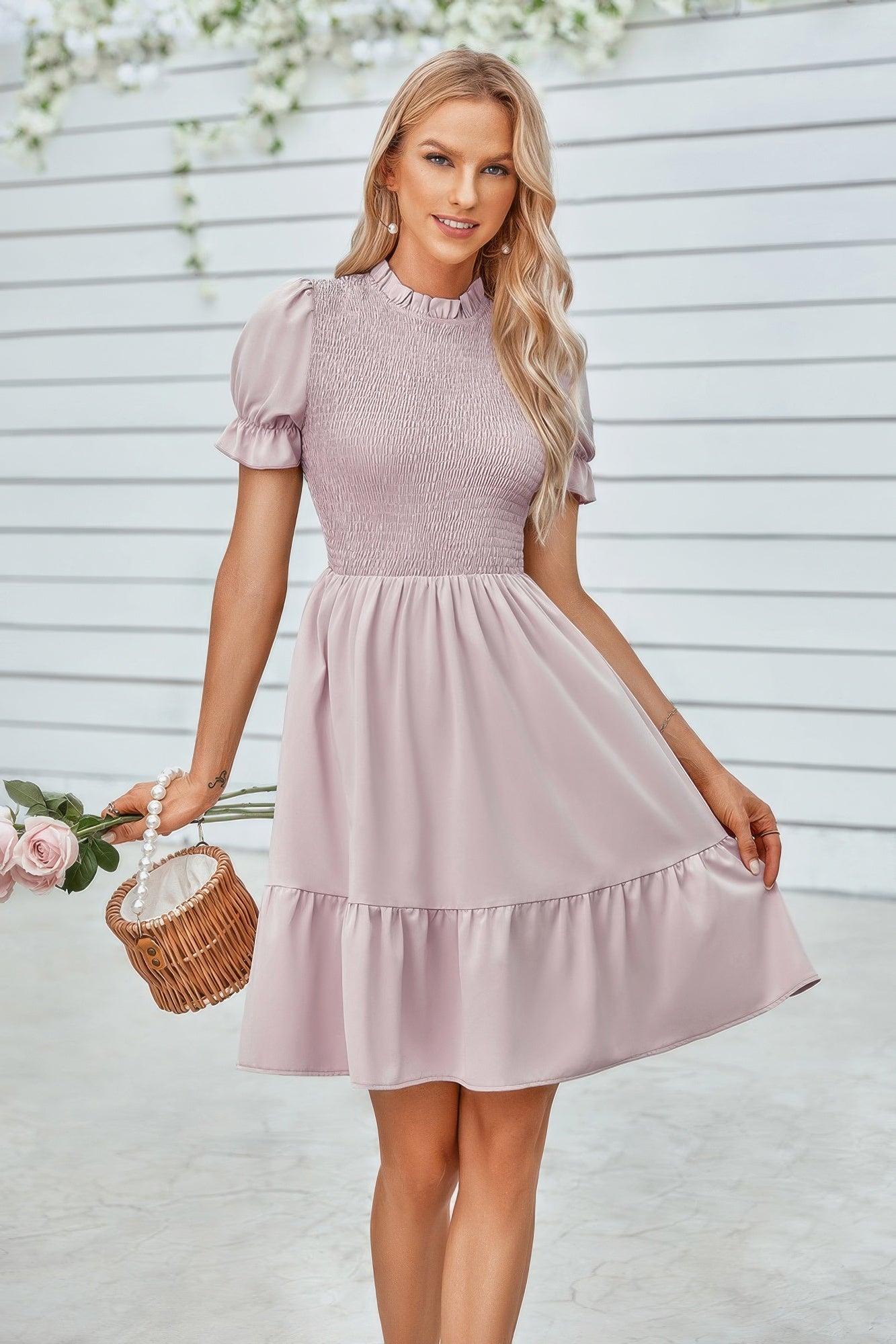 Solid Puff Sleeve Shirred Detail Ruffle Hem Dress by Selvanelle
