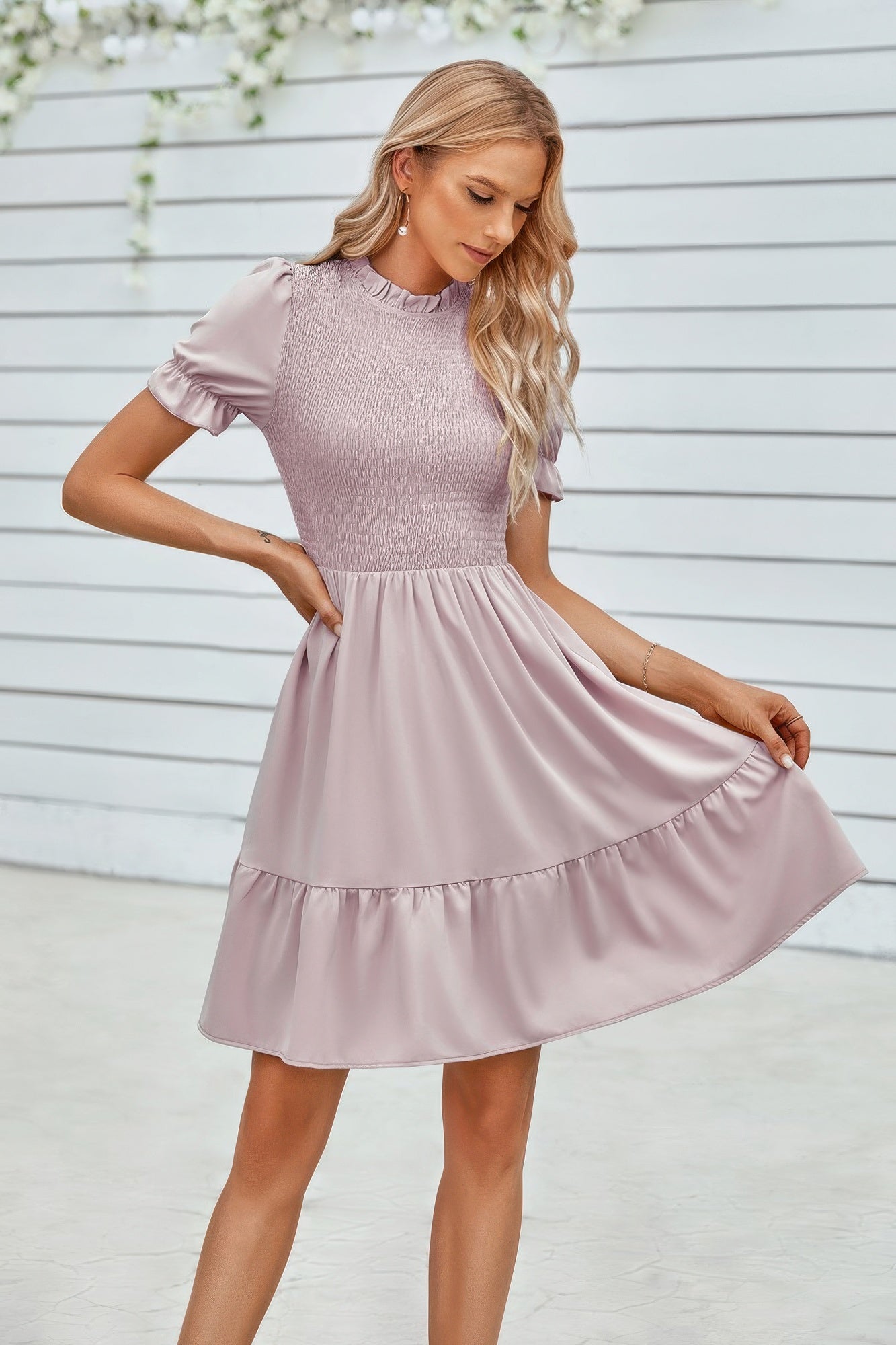 Solid Puff Sleeve Shirred Detail Ruffle Hem Dress by Selvanelle