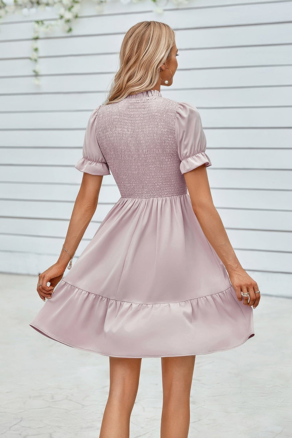 Solid Puff Sleeve Shirred Detail Ruffle Hem Dress by Selvanelle