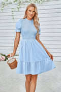 Solid Puff Sleeve Shirred Detail Ruffle Hem Dress by Selvanelle
