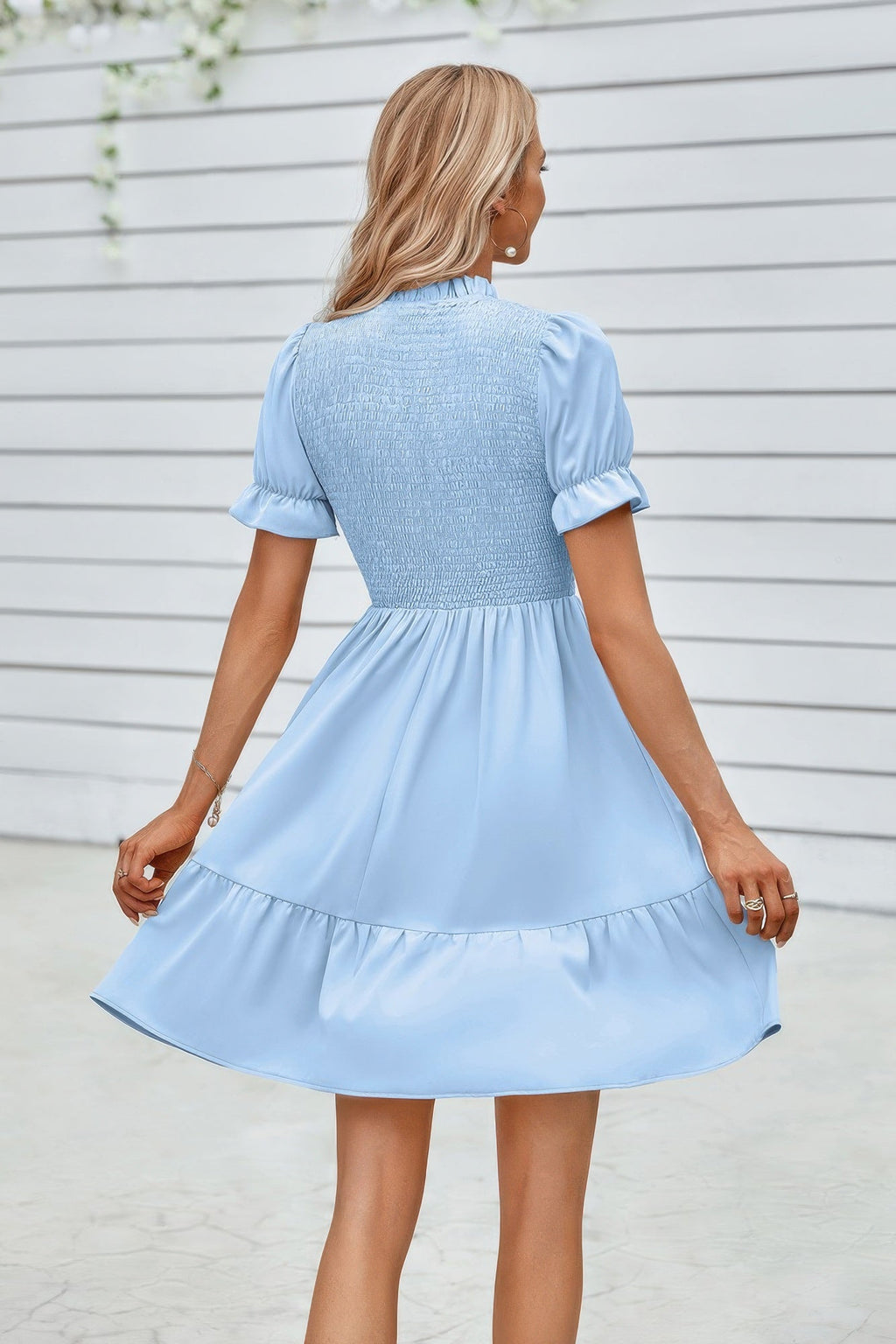Solid Puff Sleeve Shirred Detail Ruffle Hem Dress by Selvanelle