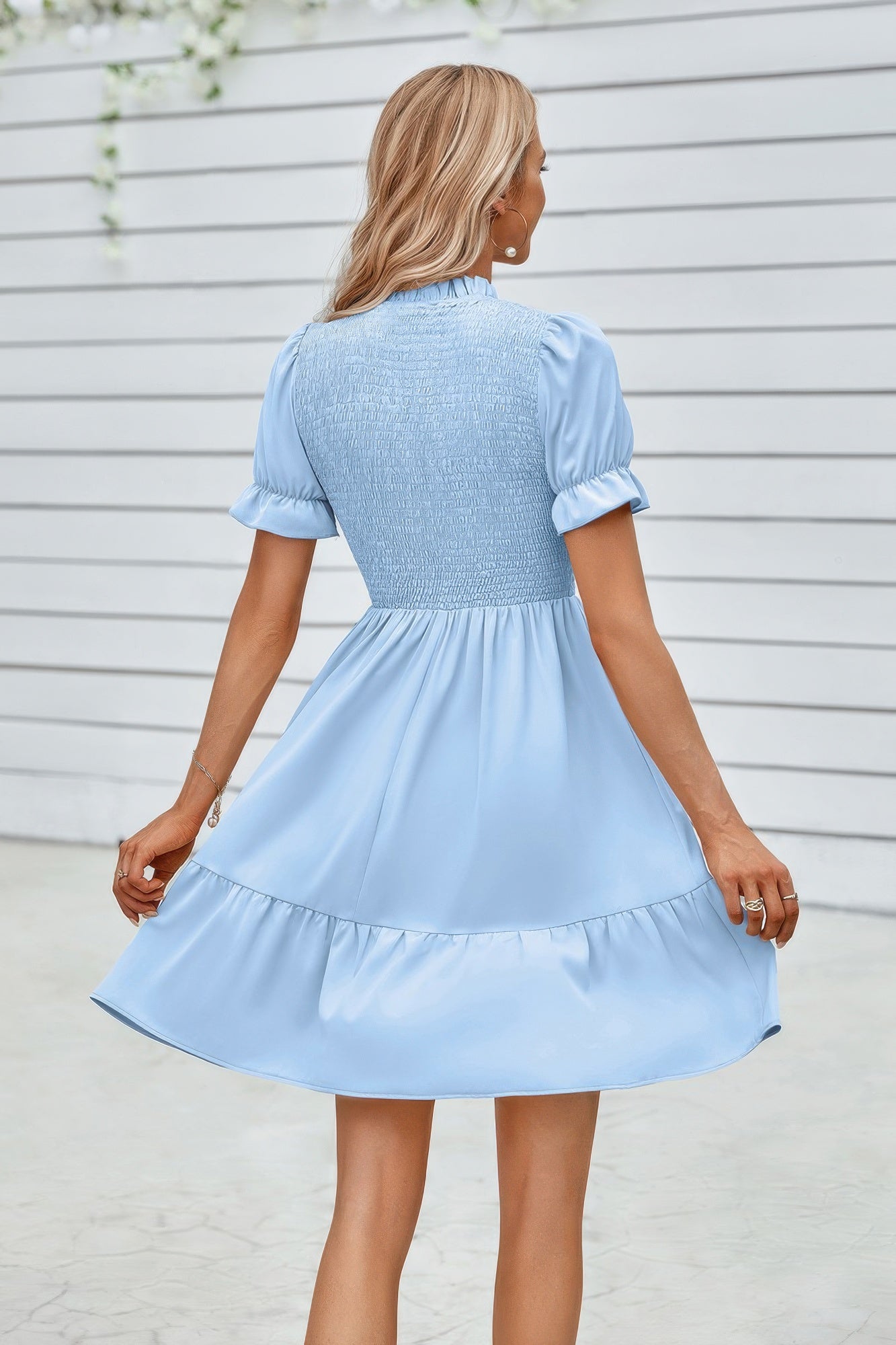Solid Puff Sleeve Shirred Detail Ruffle Hem Dress by Selvanelle