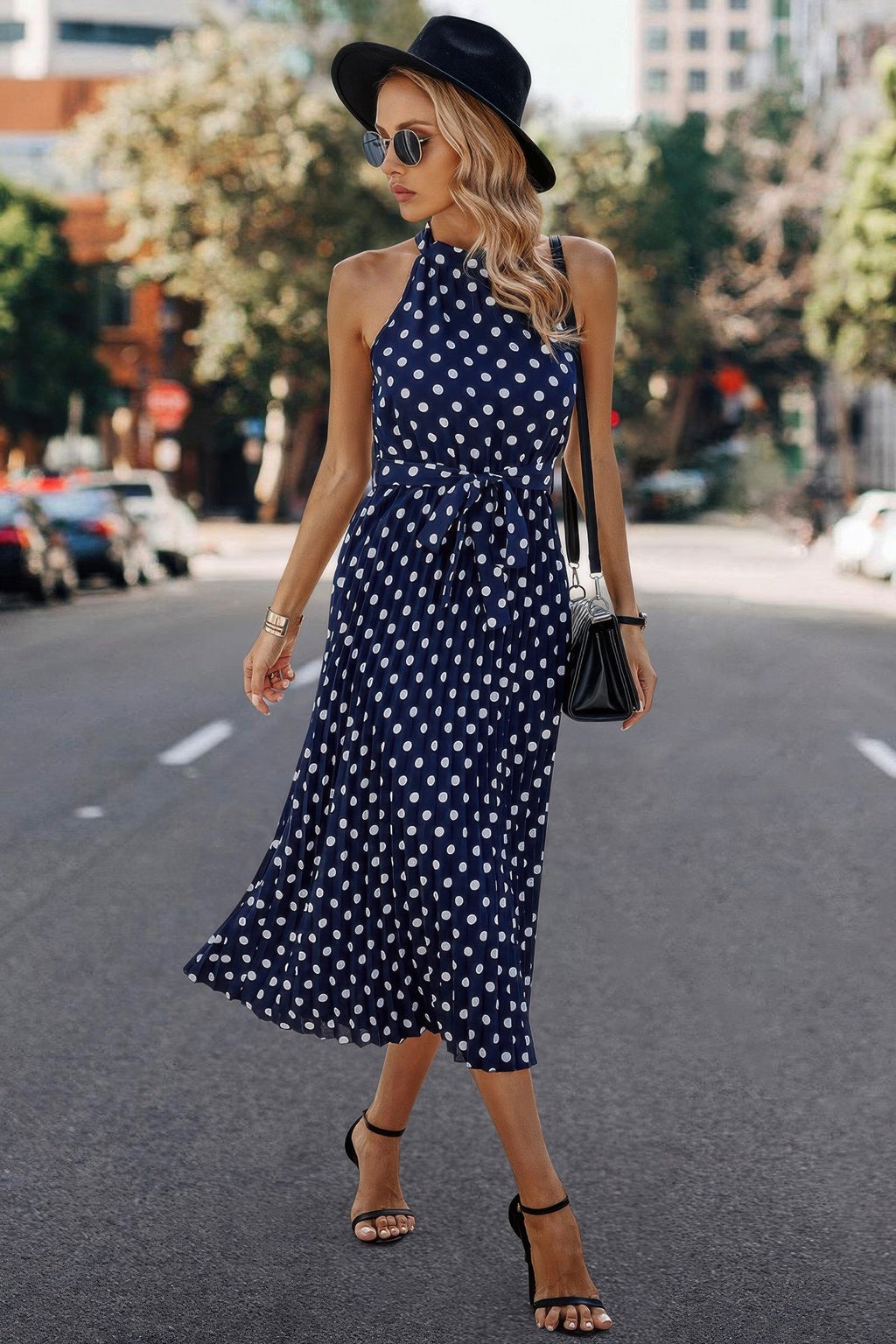 Dot Print Open Shoulder Fit Knot Belt Dress by Selvanelle