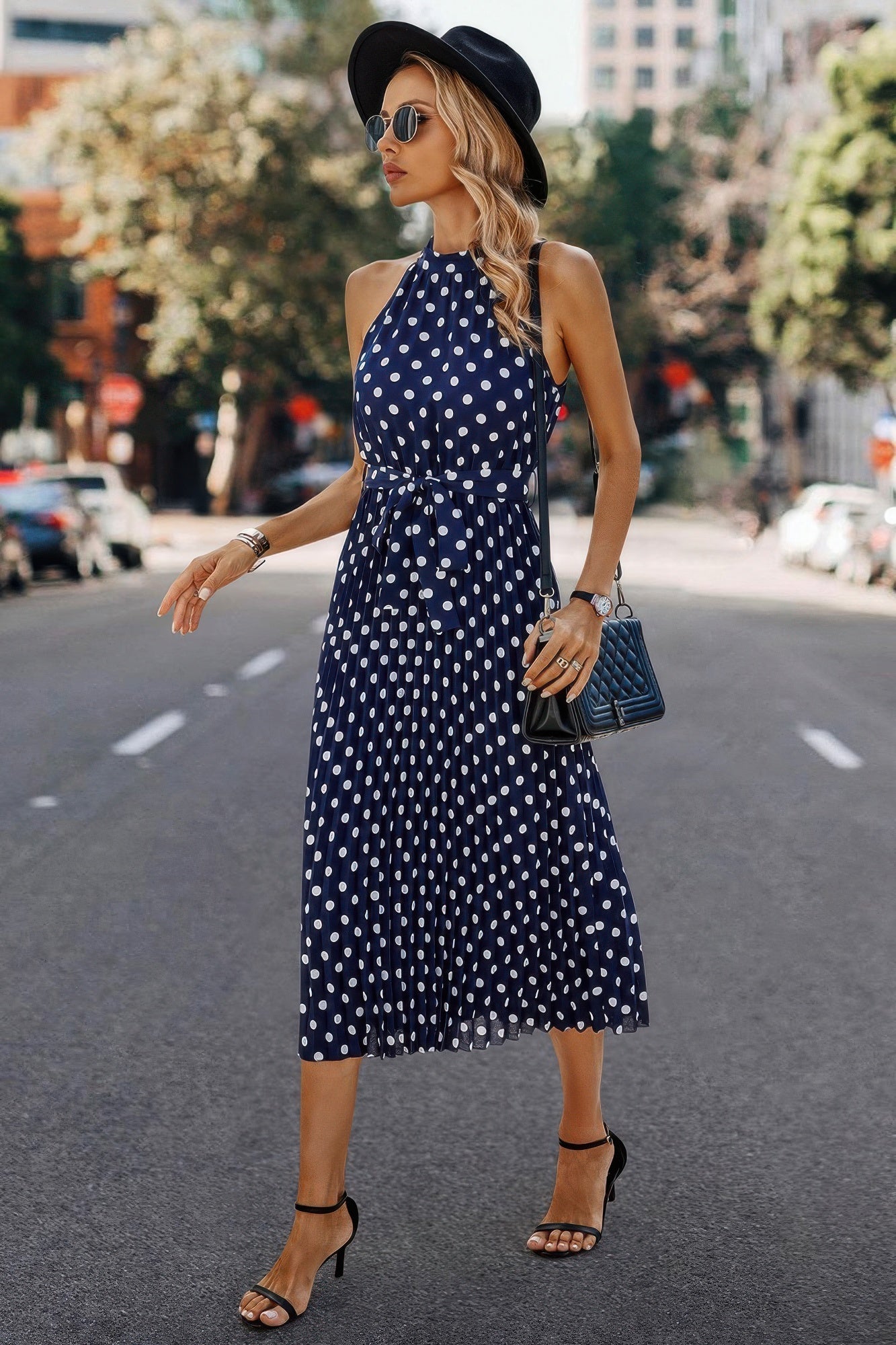 Dot Print Open Shoulder Fit Knot Belt Dress by Selvanelle