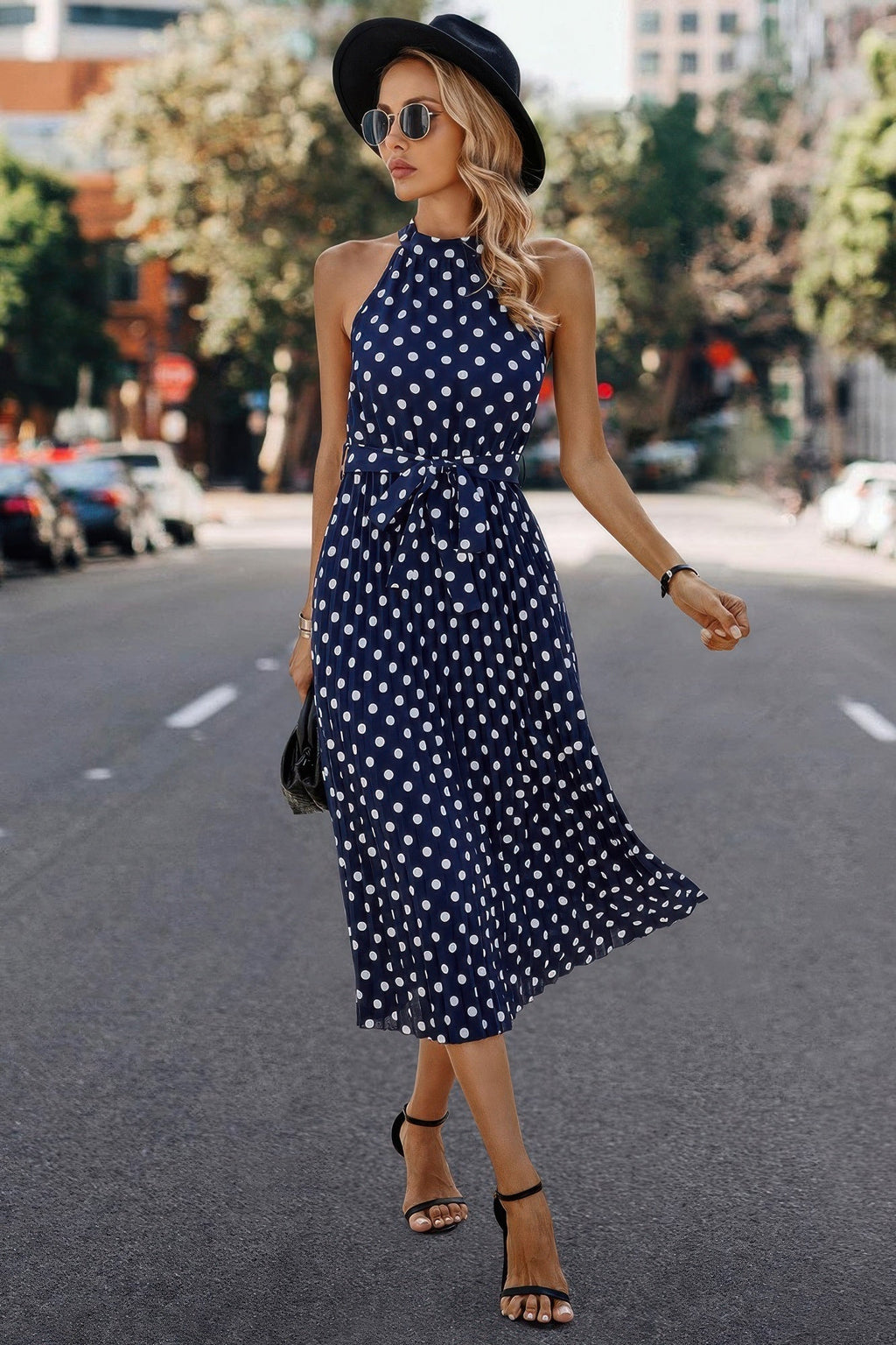 Dot Print Open Shoulder Fit Knot Belt Dress by Selvanelle
