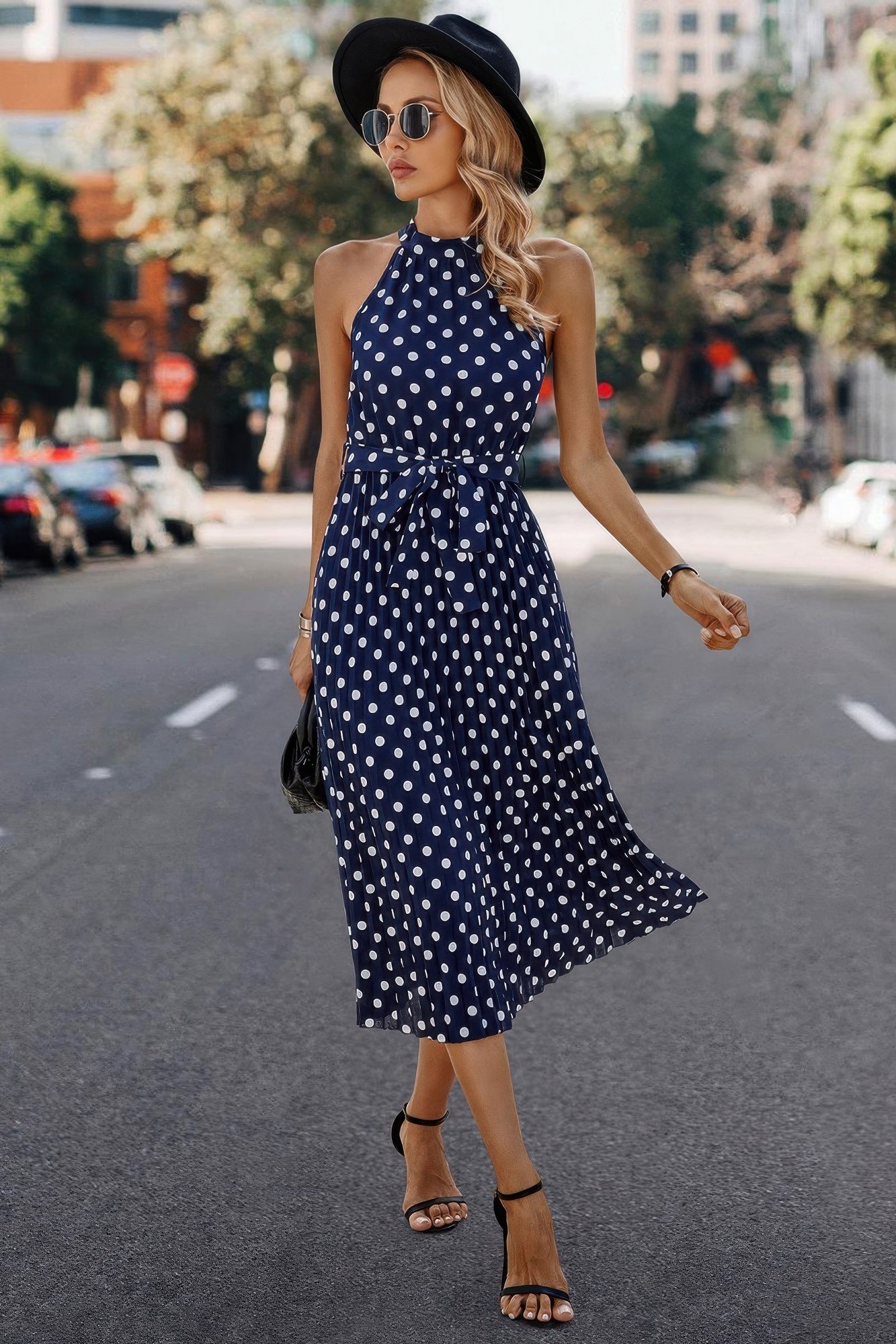 Dot Print Open Shoulder Fit Knot Belt Dress by Selvanelle