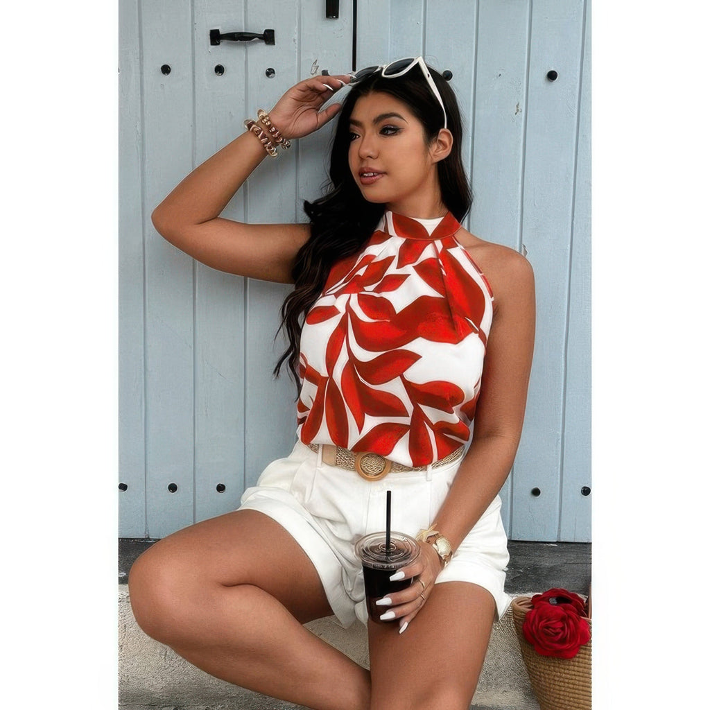 Plus Plant Print Halter Sleeveless Loose Blouse by Selvanelle