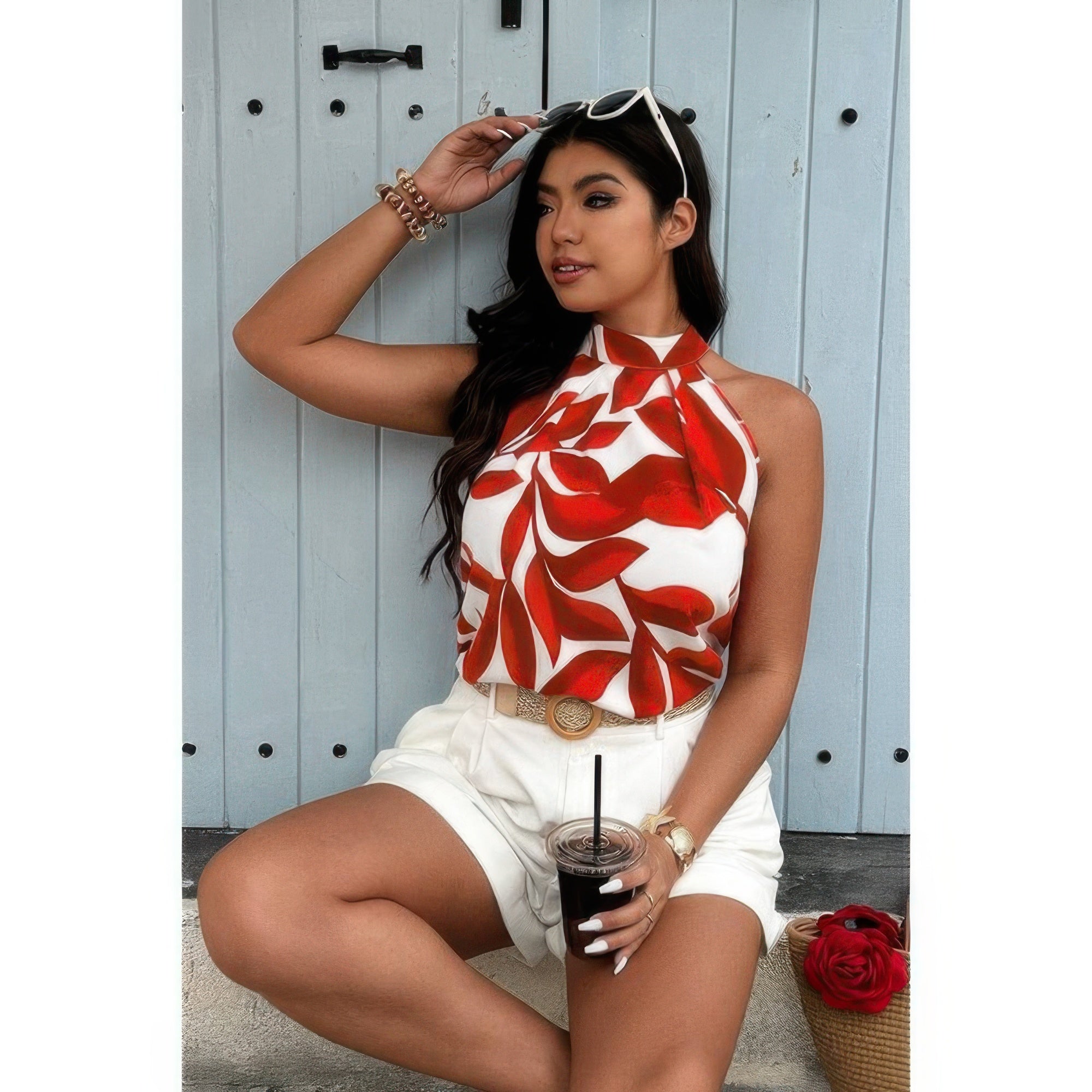Plus Plant Print Halter Sleeveless Loose Blouse by Selvanelle