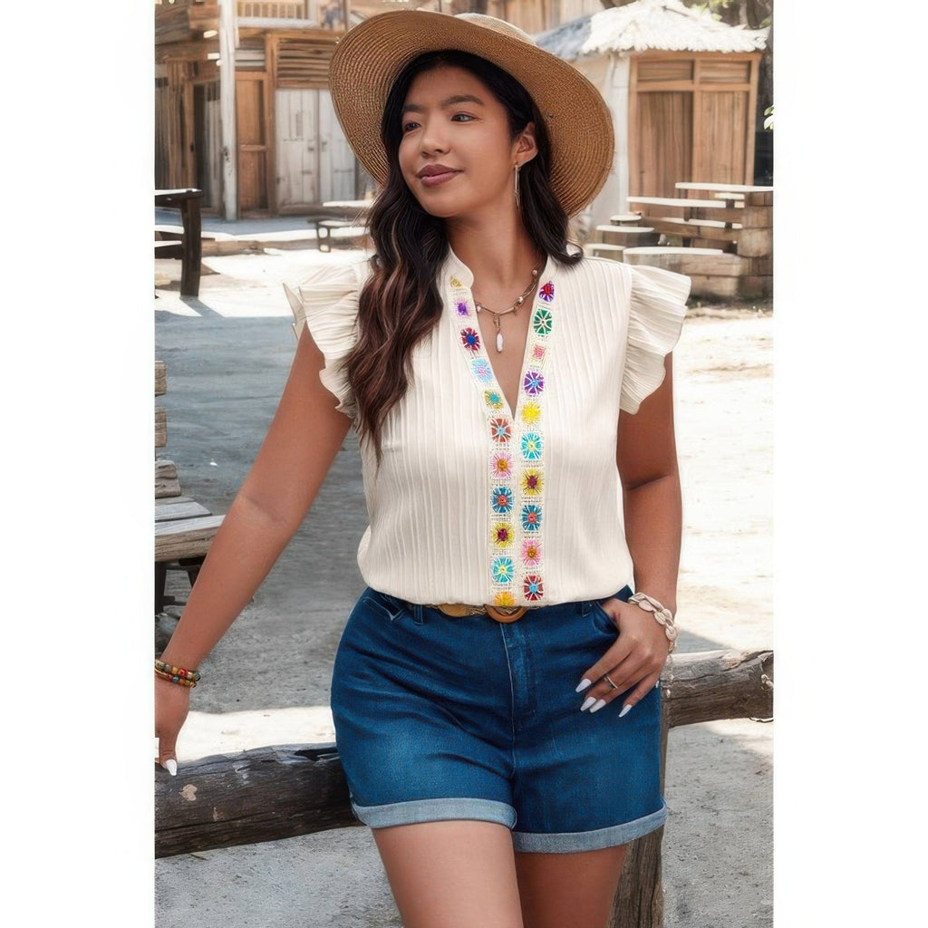 Plus Size Pleated Print V Neck Ruffle Fit Shirt by Selvanelle