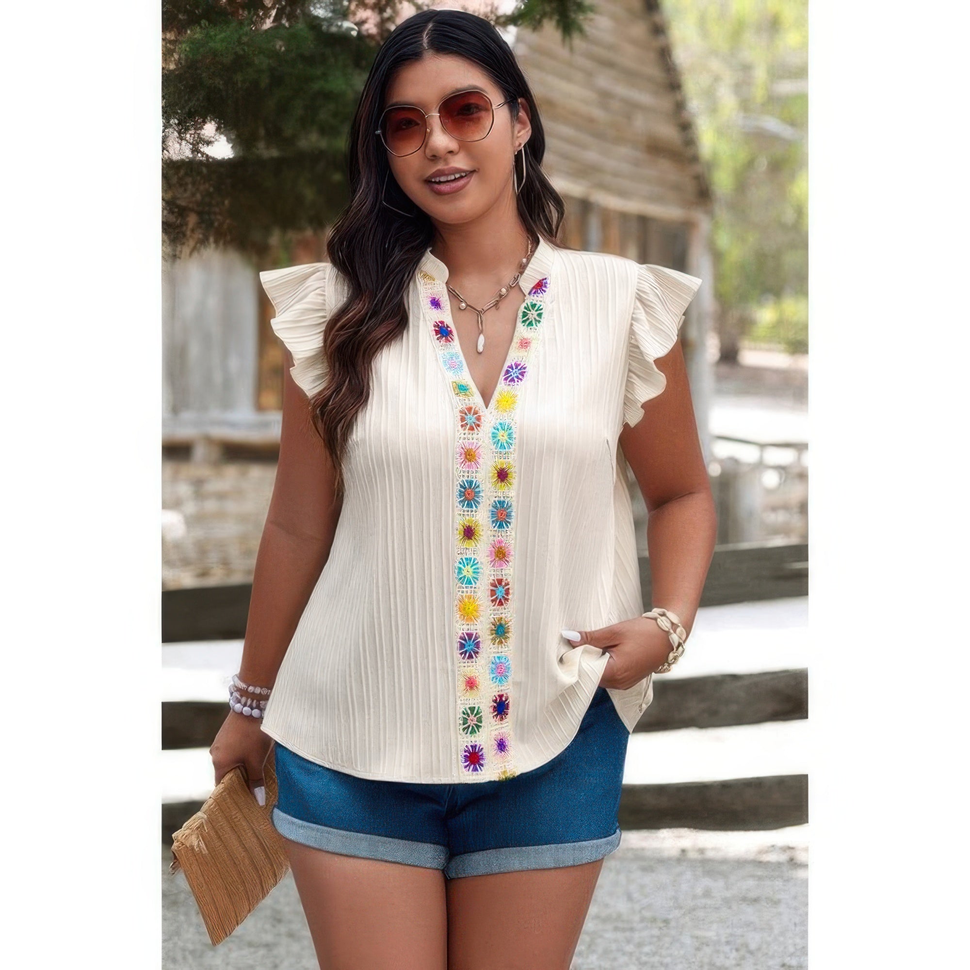 Plus Size Pleated Print V Neck Ruffle Fit Shirt by Selvanelle