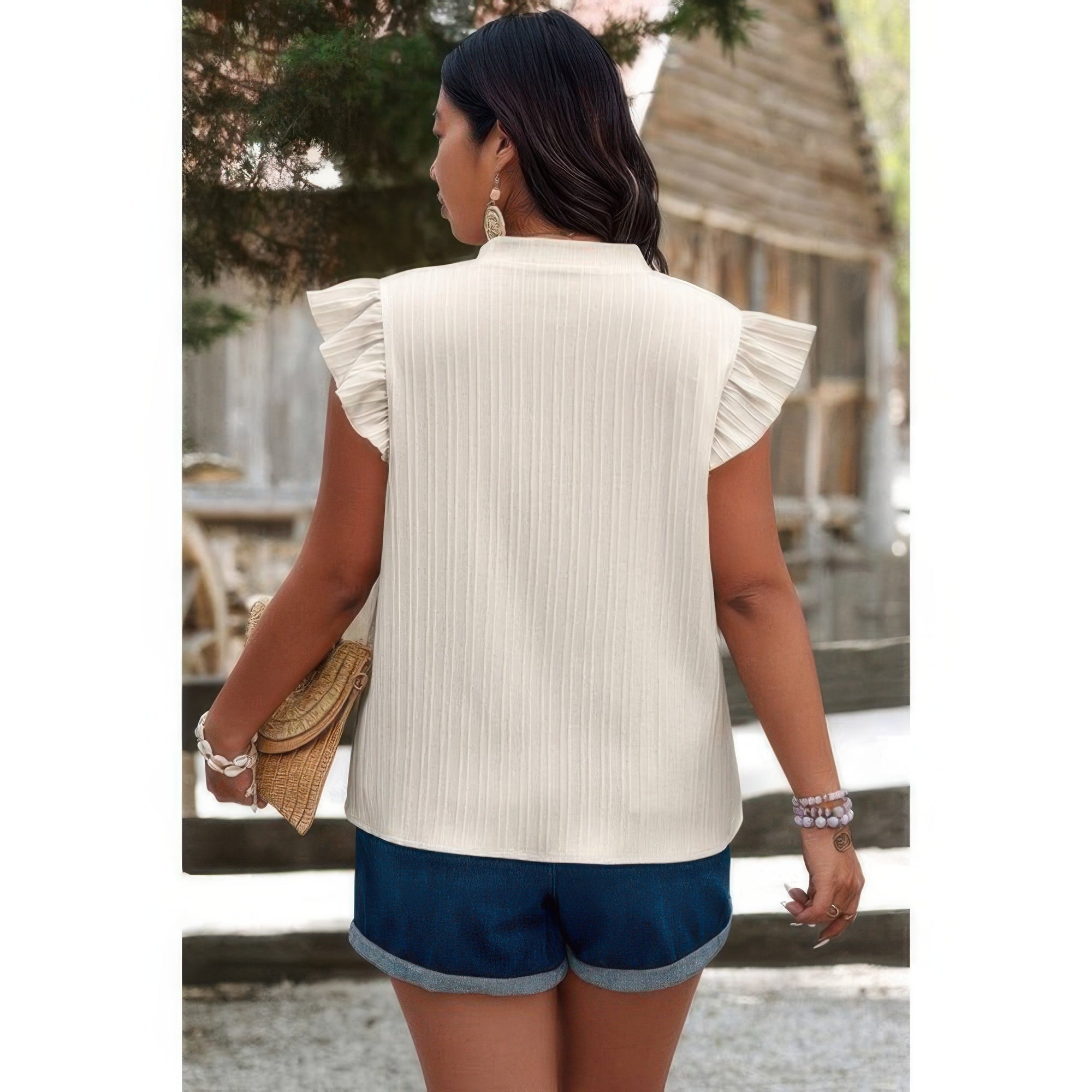 Plus Size Pleated Print V Neck Ruffle Fit Shirt by Selvanelle