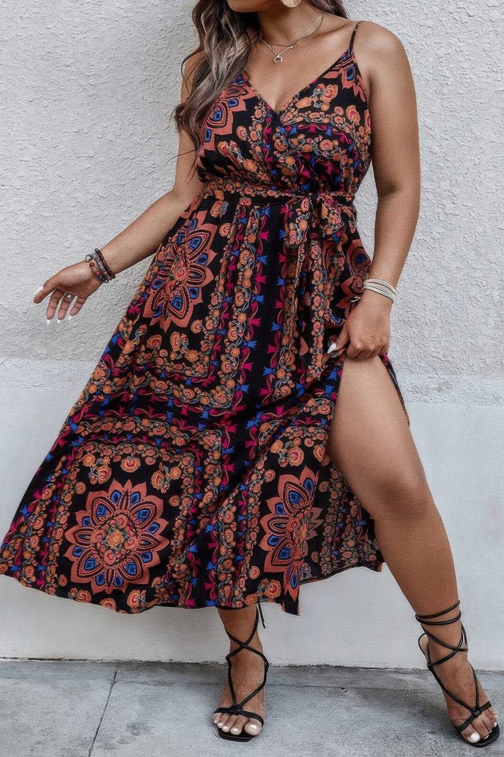 Plus Size Floral Belted Cami Boho Long Dress by Selvanelle