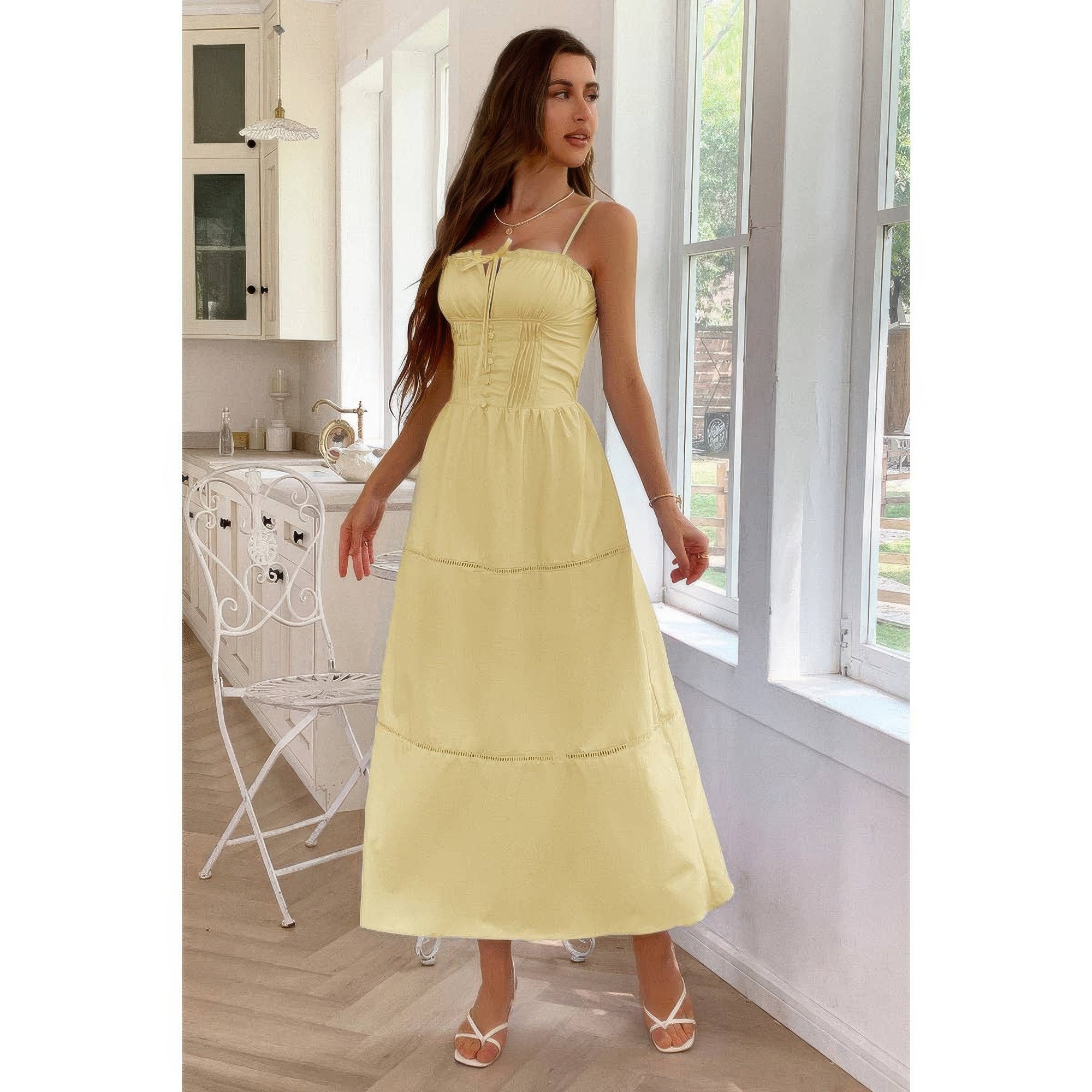 Solid Button Decor Pintuck Eyelet Shirred Dress by Selvanelle