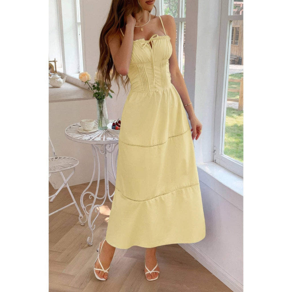 Solid Button Decor Pintuck Eyelet Shirred Dress by Selvanelle