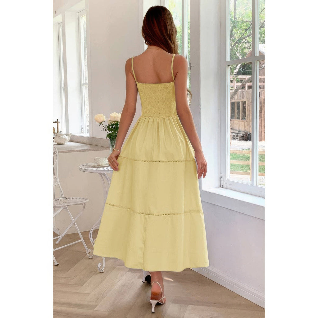 Solid Button Decor Pintuck Eyelet Shirred Dress by Selvanelle