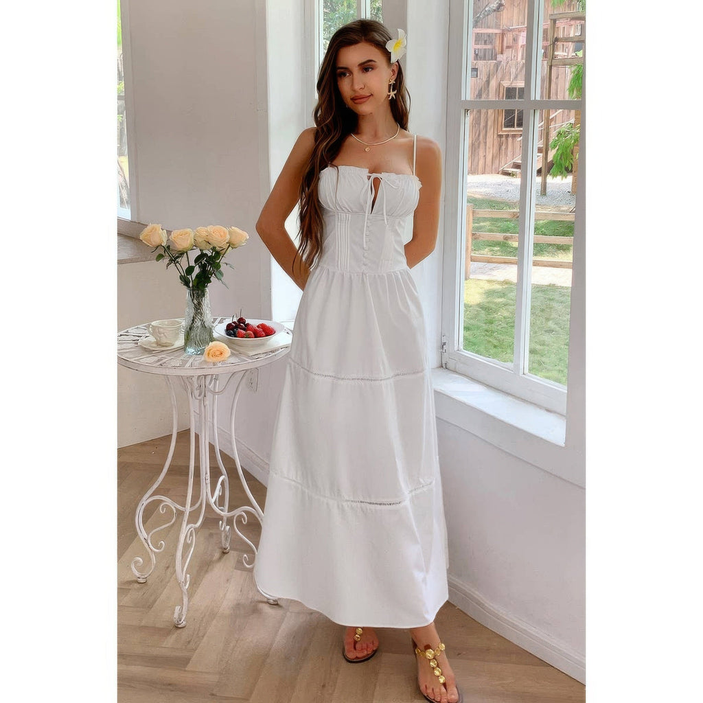 Solid Button Decor Pintuck Eyelet Shirred Dress by Selvanelle