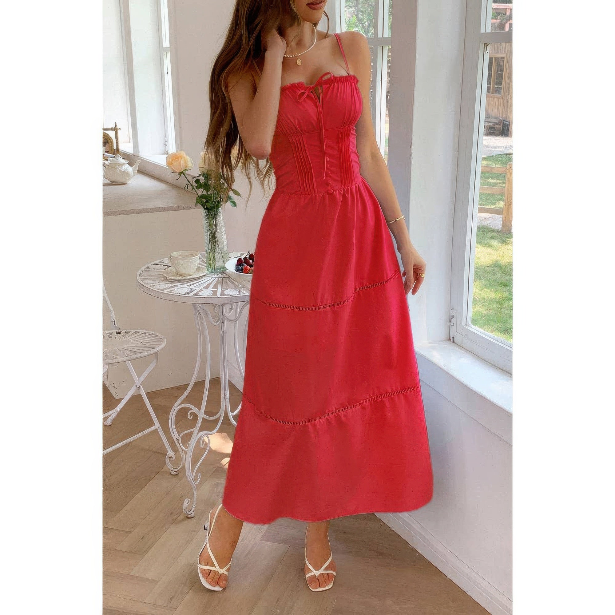 Solid Button Decor Pintuck Eyelet Shirred Dress by Selvanelle