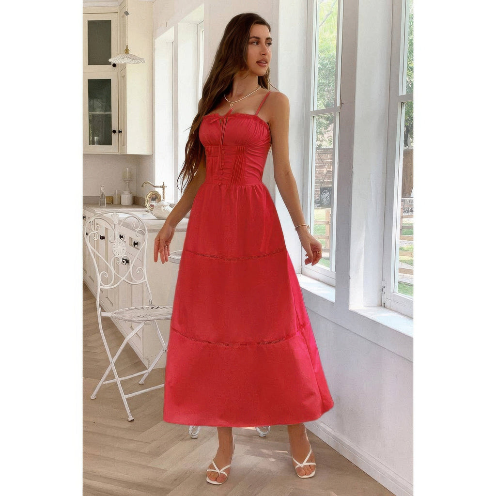 Solid Button Decor Pintuck Eyelet Shirred Dress by Selvanelle