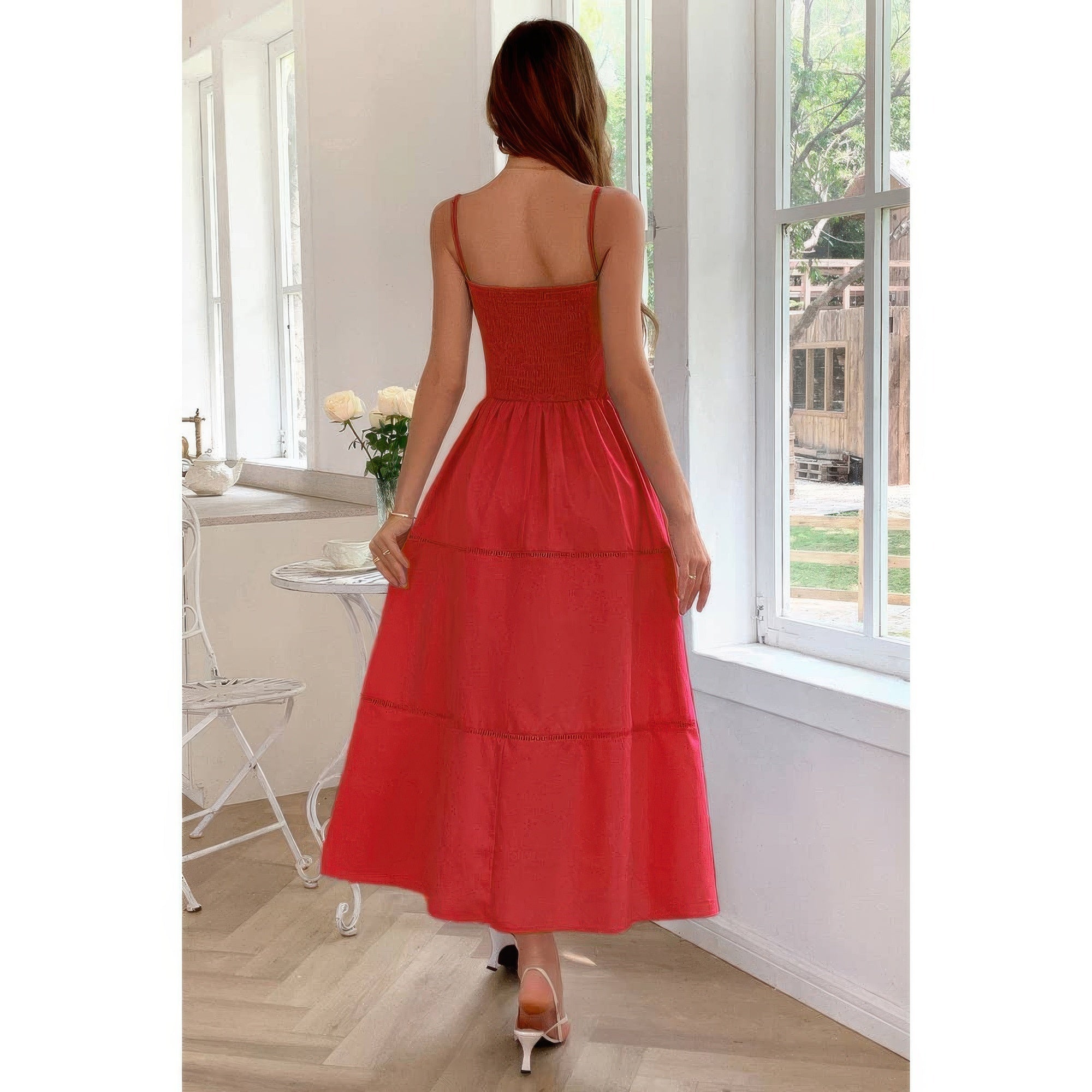 Solid Button Decor Pintuck Eyelet Shirred Dress by Selvanelle