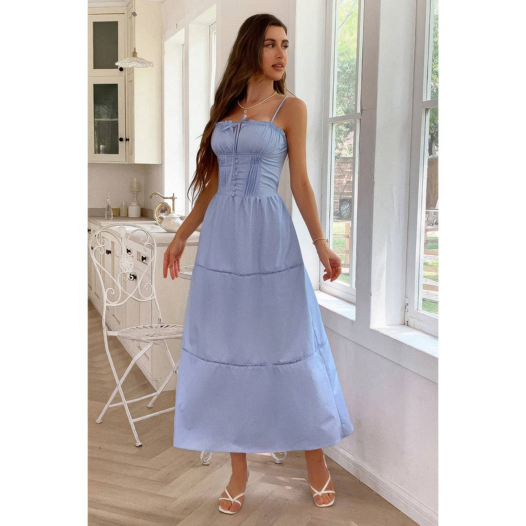 Solid Button Decor Pintuck Eyelet Shirred Dress by Selvanelle