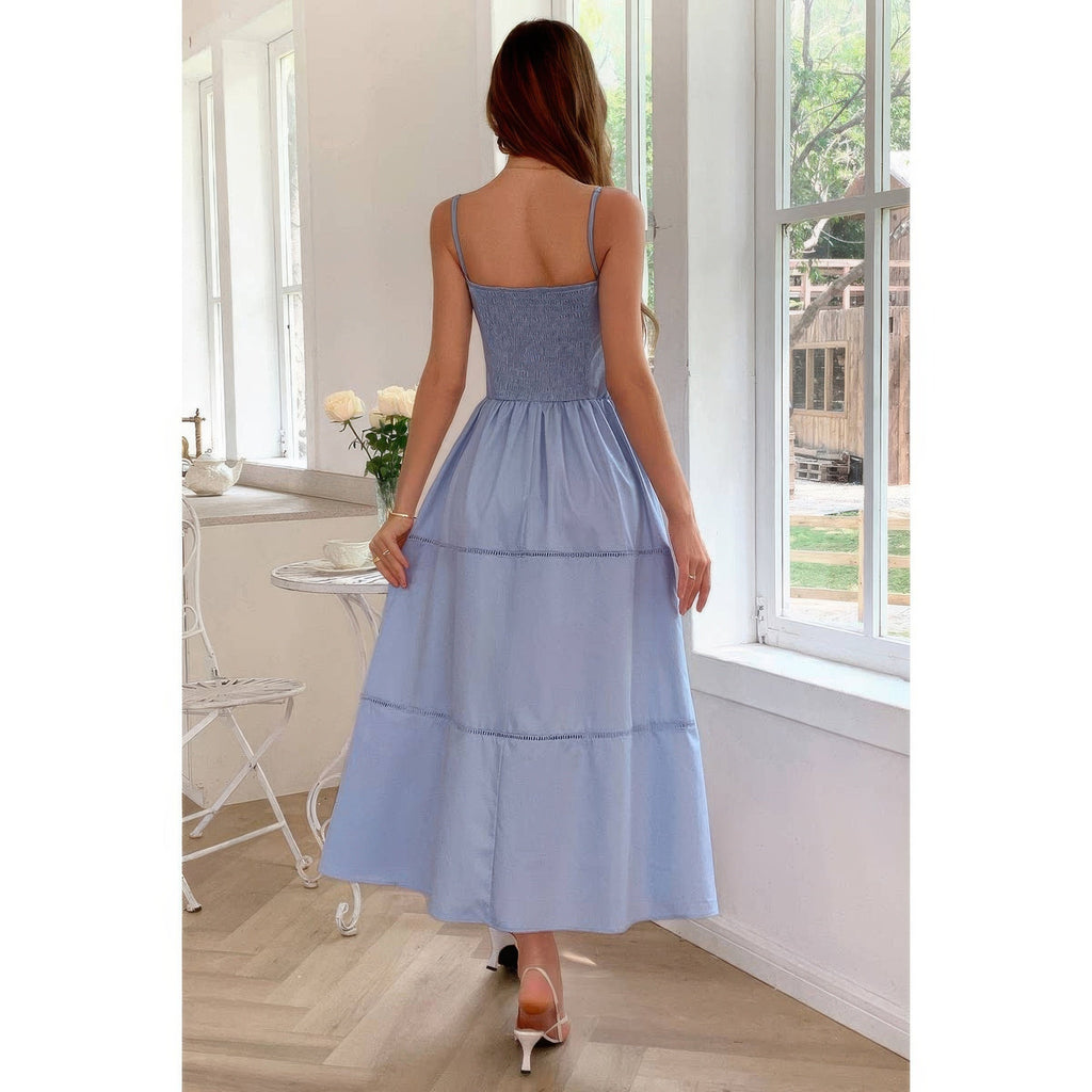Solid Button Decor Pintuck Eyelet Shirred Dress by Selvanelle