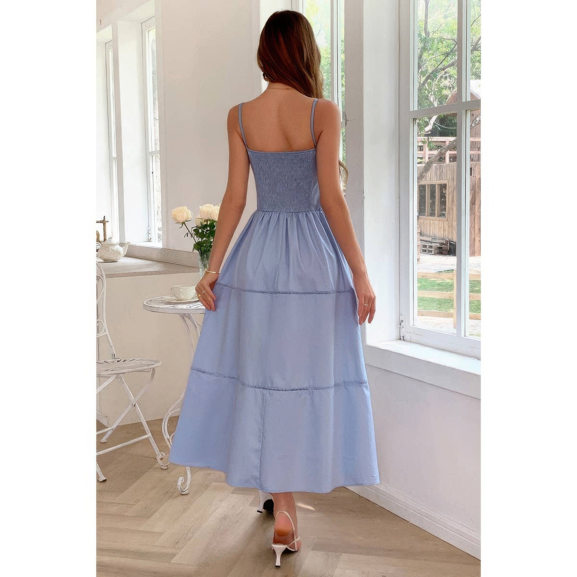 Solid Button Decor Pintuck Eyelet Shirred Dress by Selvanelle