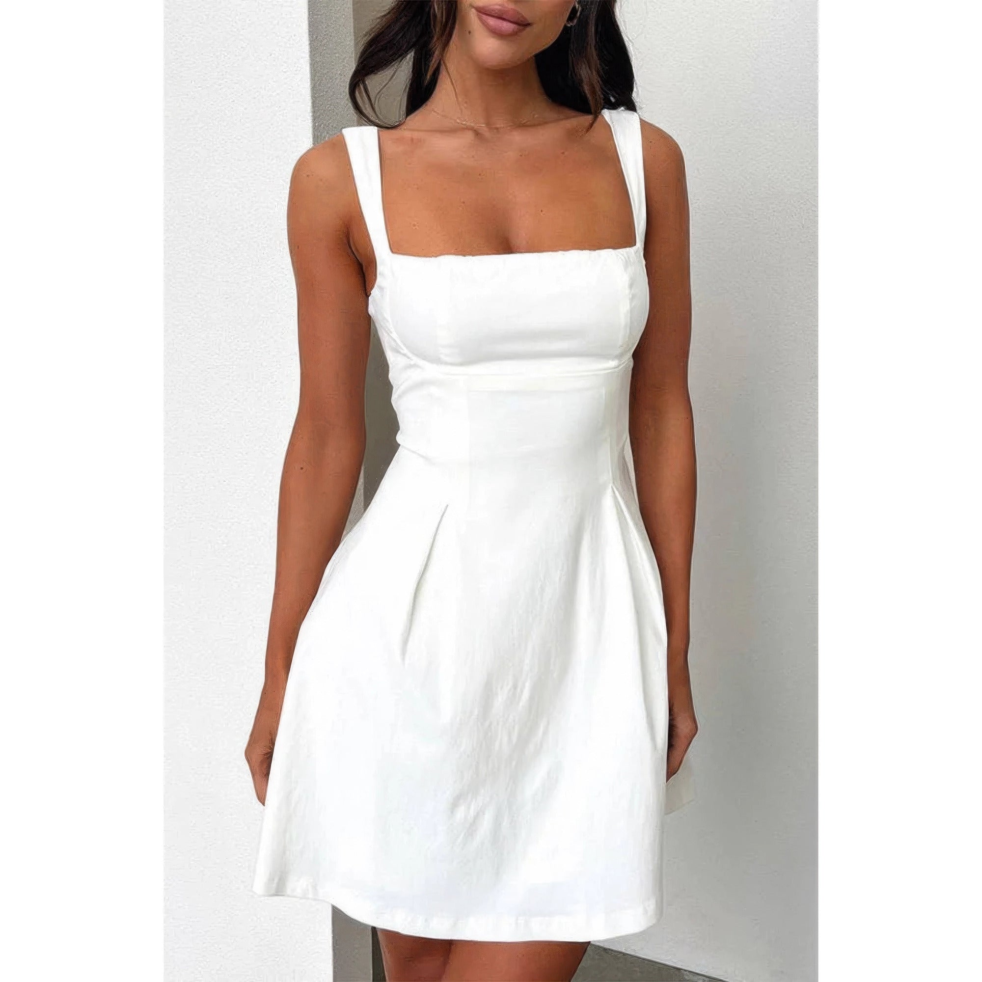 Solid Square Neck Fit Sleeveless Short Dress by Selvanelle