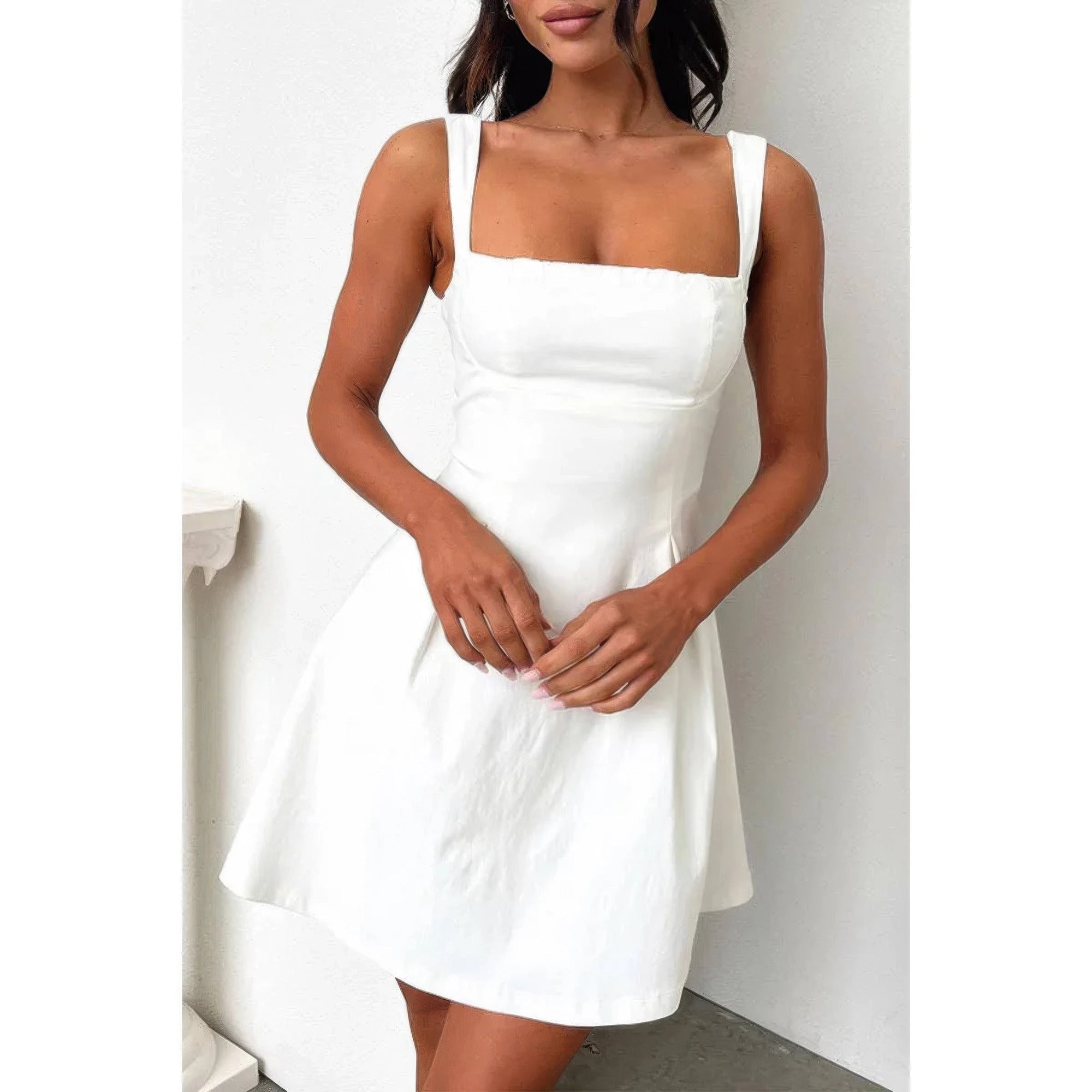 Solid Square Neck Fit Sleeveless Short Dress by Selvanelle