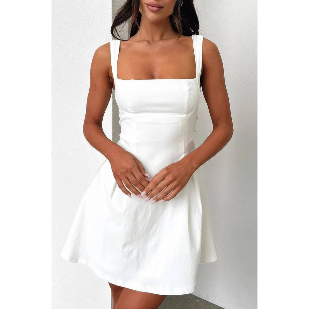 Solid Square Neck Fit Sleeveless Short Dress by Selvanelle