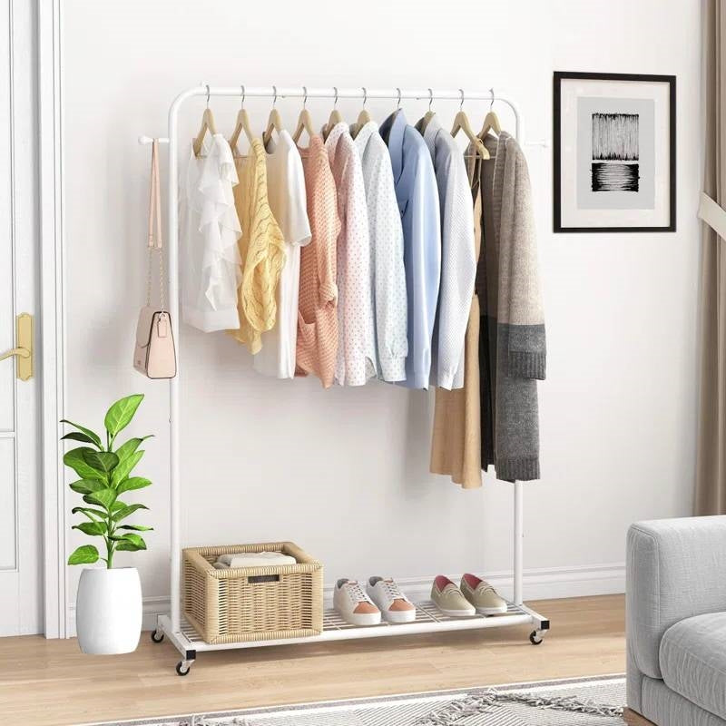 White Modern Garment Rack Clothes Hanging Rod with Lockable Wheels - Goddess Imports Marketplace