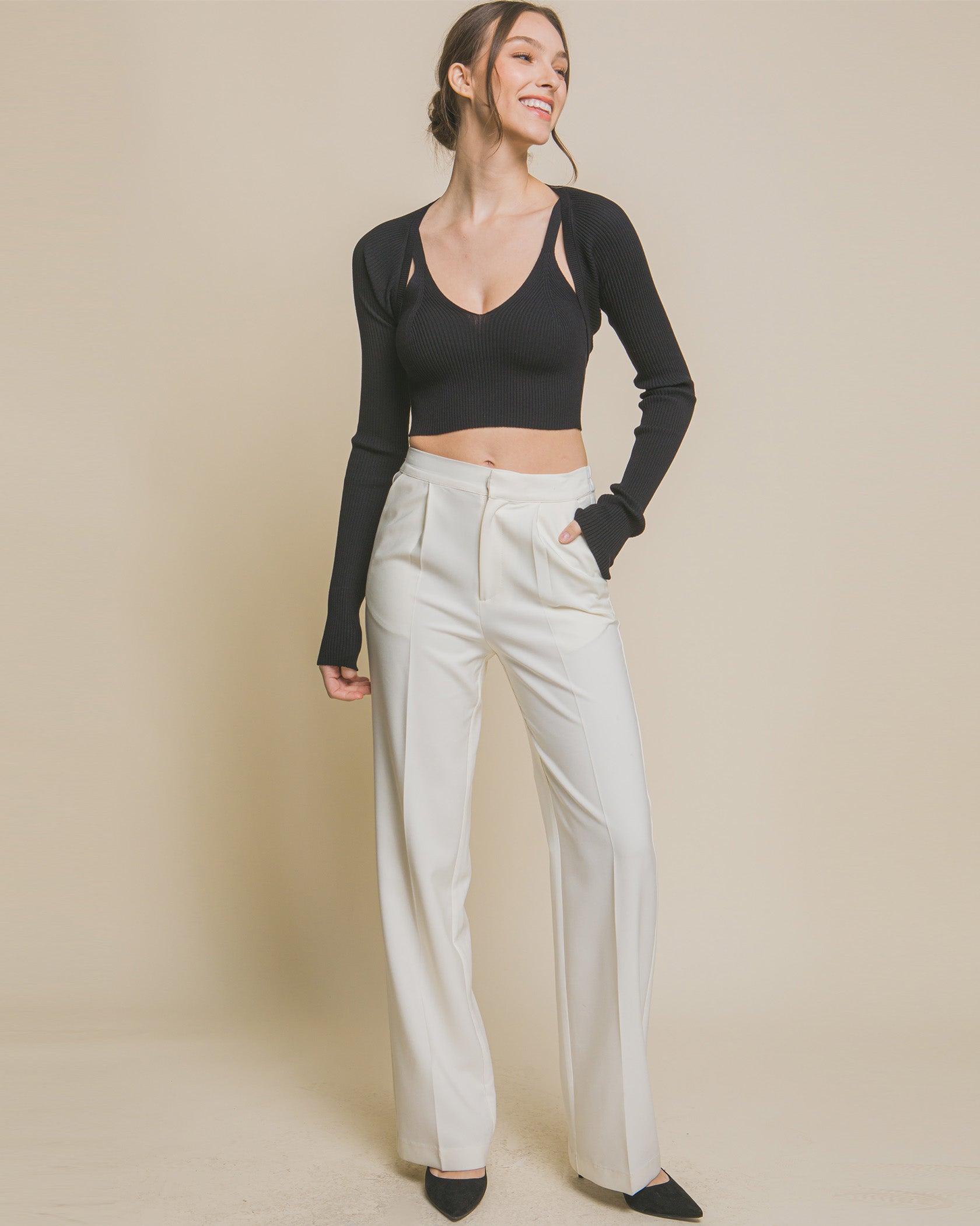 Knit Sweater Cardigan and Crop Tank Top Set - Goddess Imports Marketplace