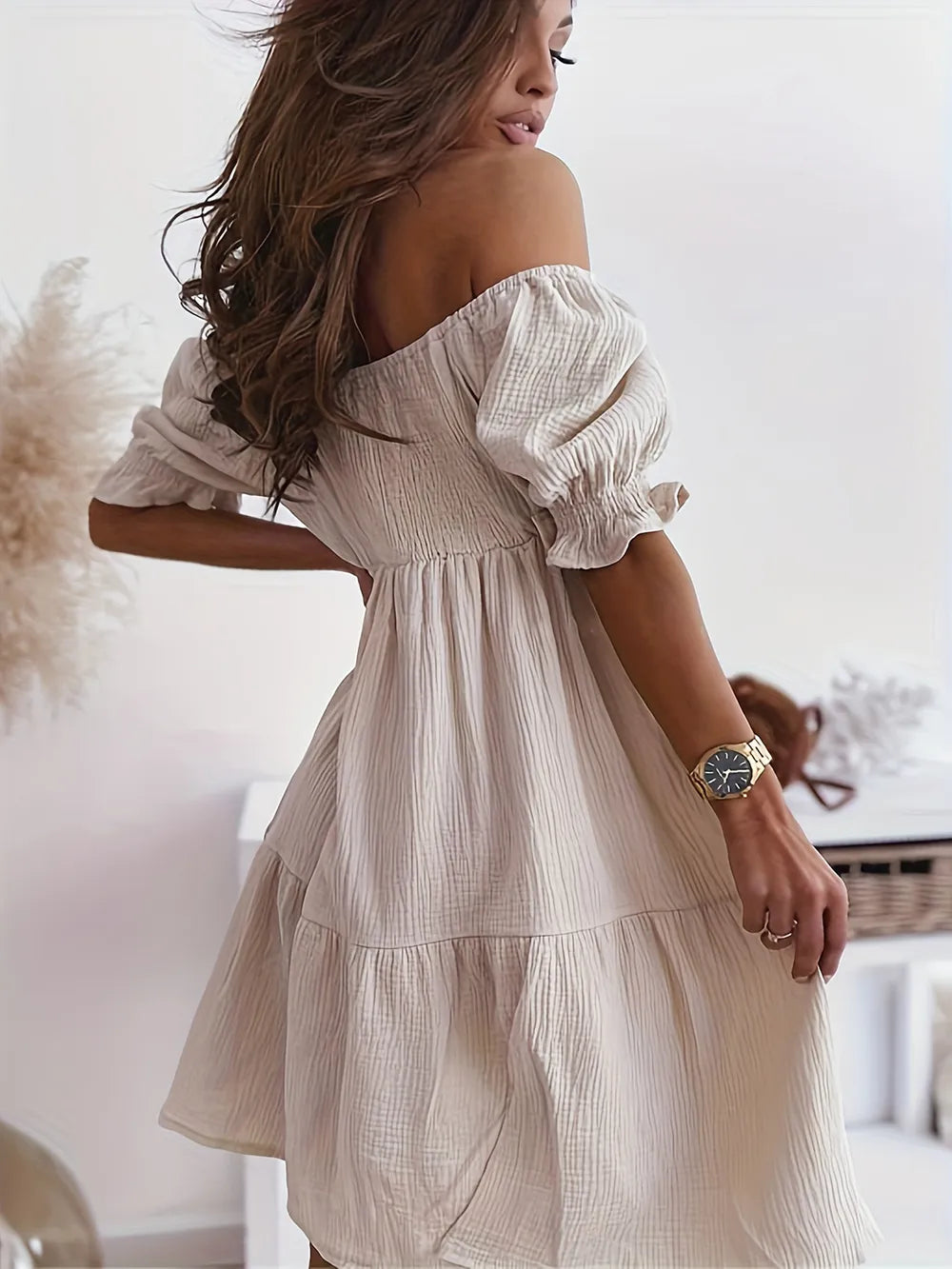 Ruffled Off-Shoulder Short Sleeve Dress by Shopiebay