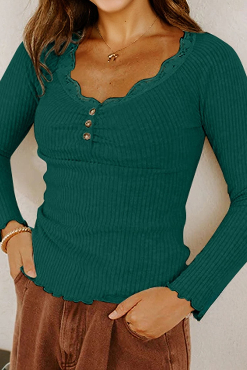 Black Lace Neckline Button Decor Lettuce Edge Long Sleeve Ribbed Top