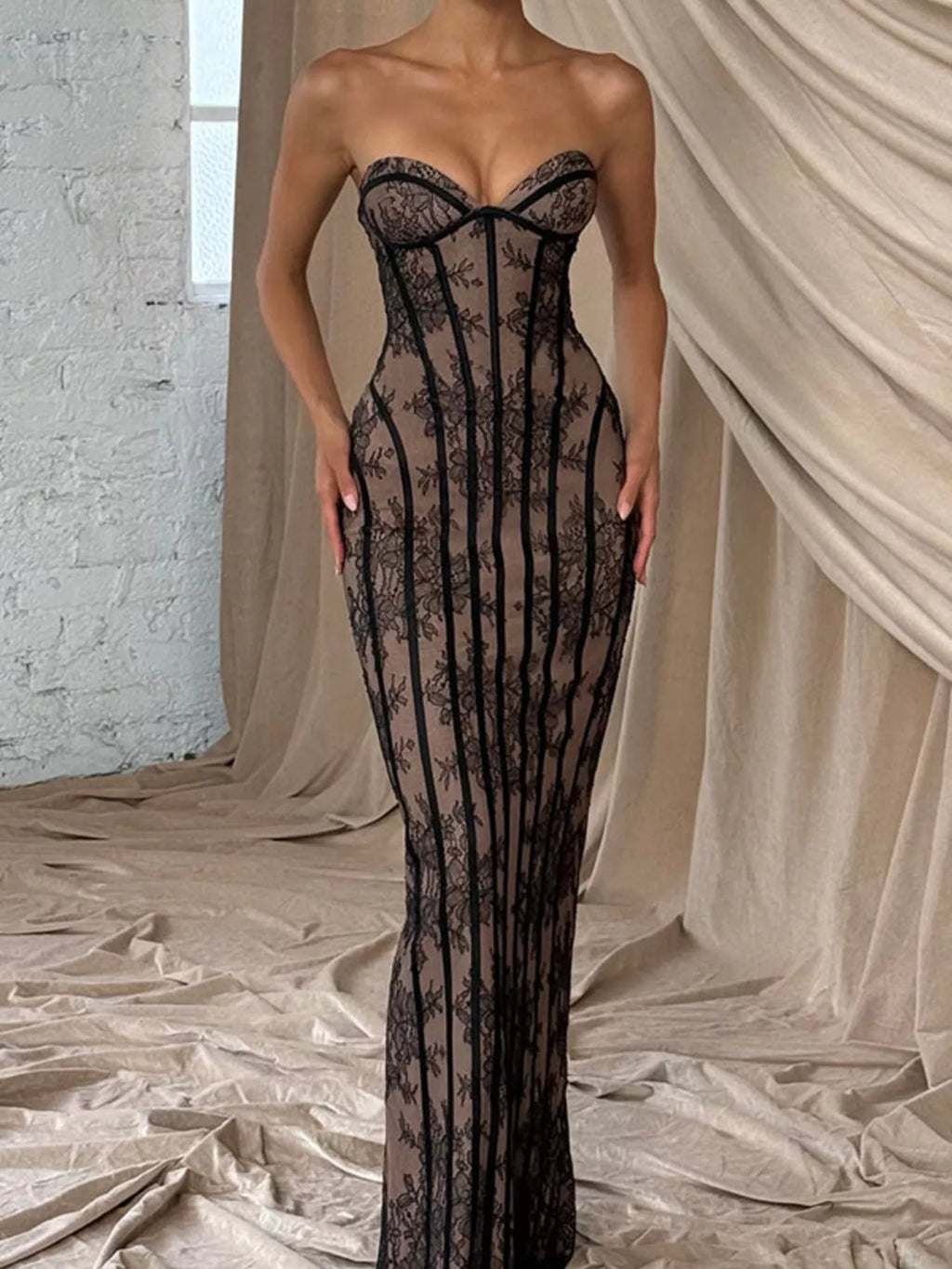 Lace Up Back Strapless Maxi Dress by Shopiebay