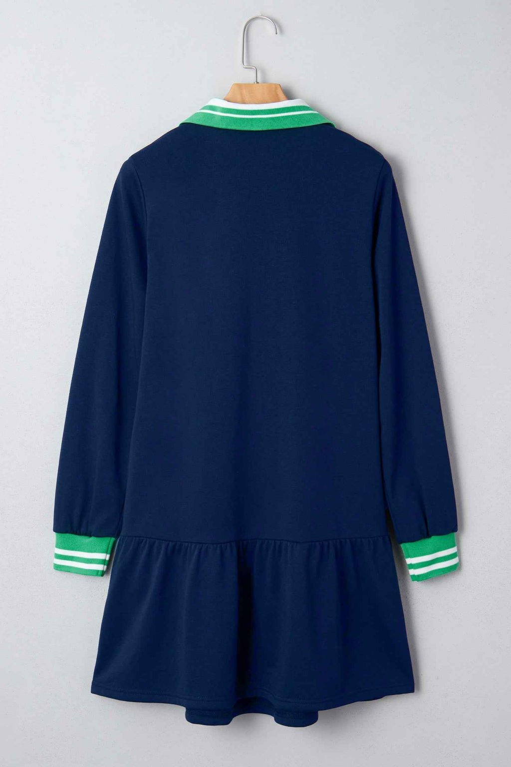 Navy Blue Contrast Striped Cuffs Polo Collar Patchwork Long Sleeve Ruffle Hem Mini Dress