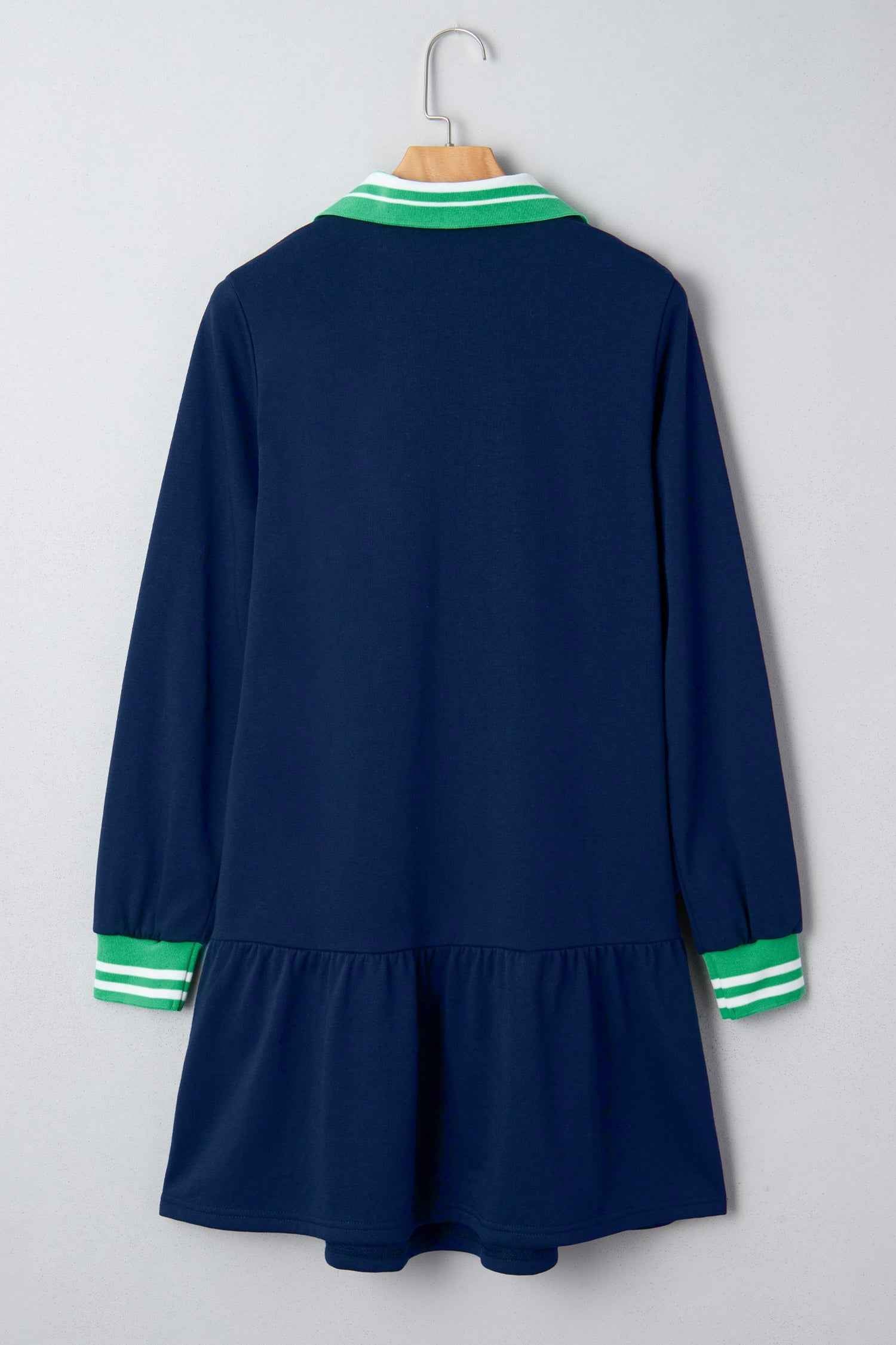Navy Blue Contrast Striped Cuffs Polo Collar Patchwork Long Sleeve Ruffle Hem Mini Dress