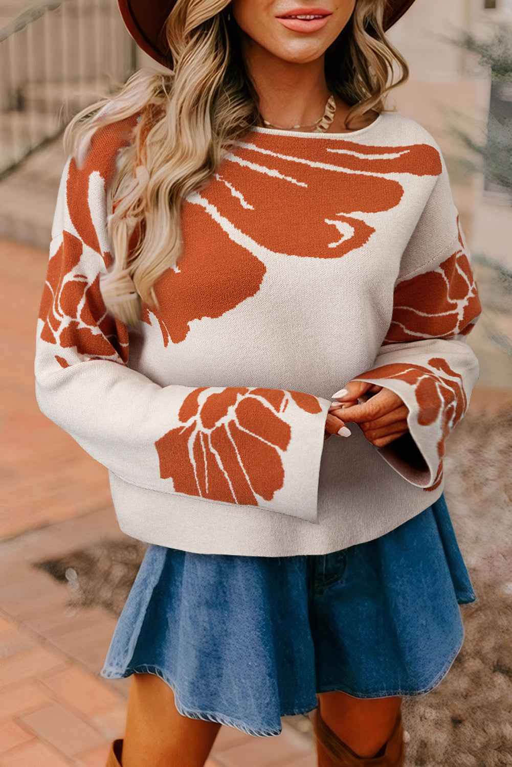 Green Bold Flower Pattern Wide Sleeve Baggy Sweater