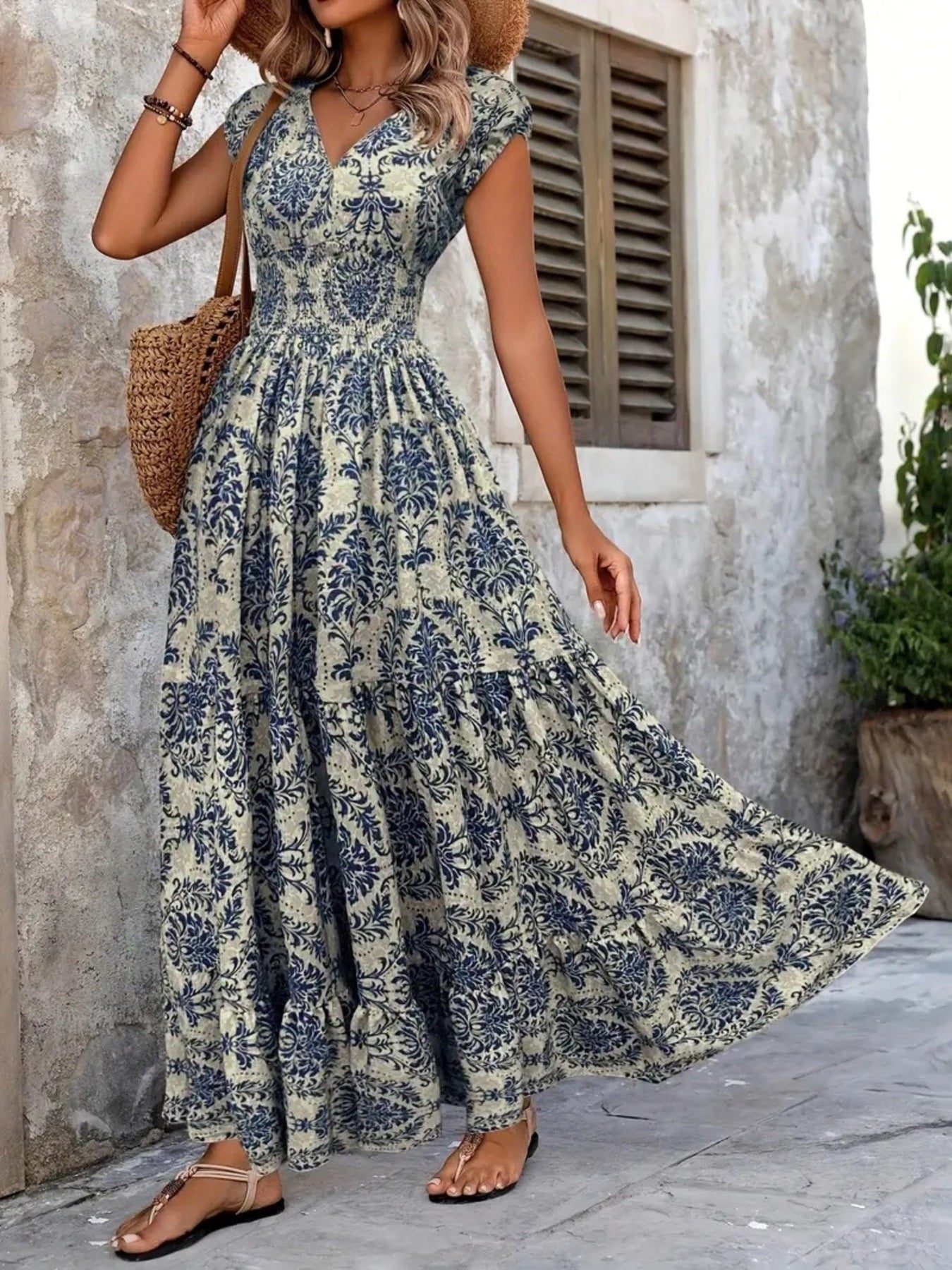 Printed Cap Sleeve Maxi Dress by Shopiebay