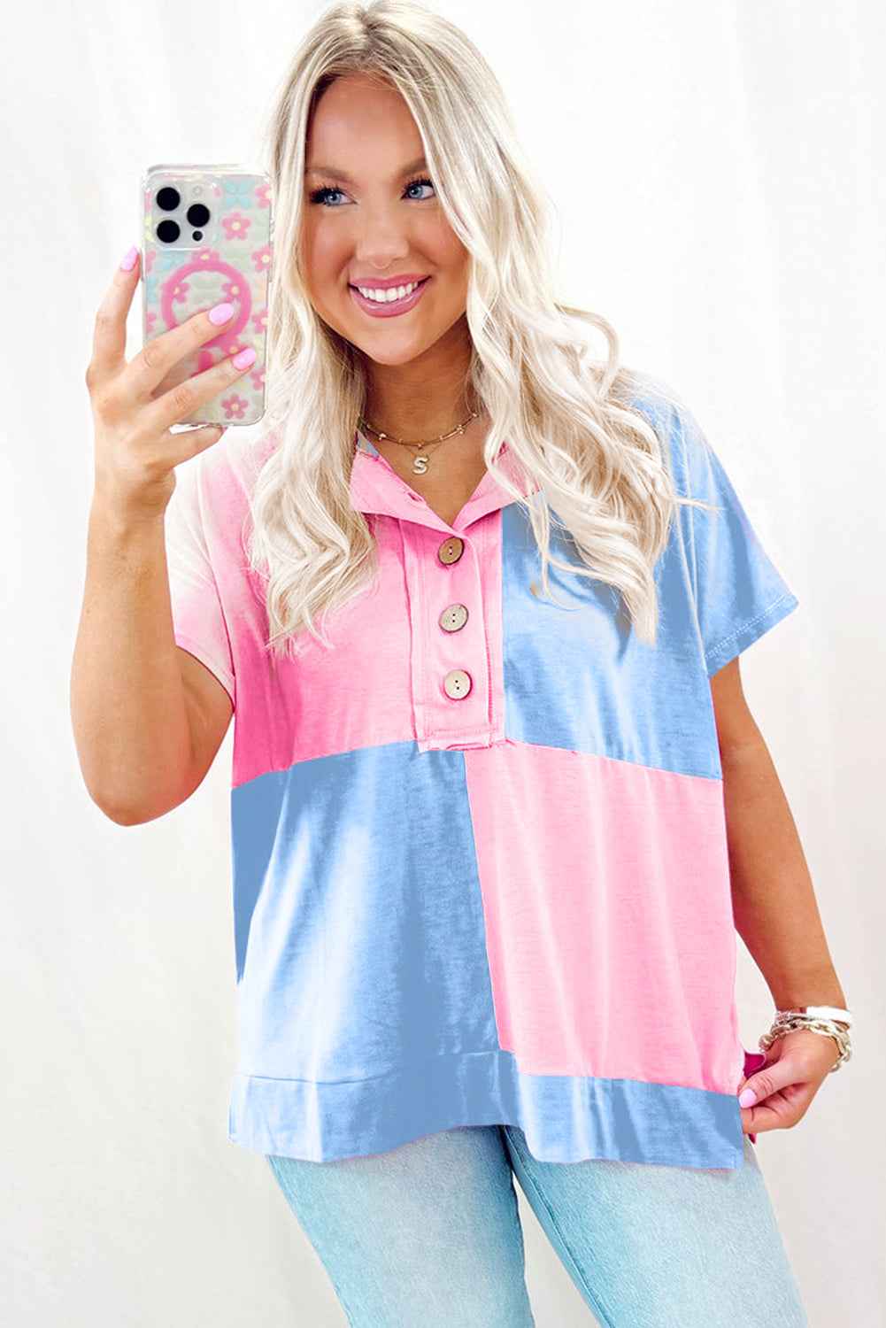 Myosotis Two Tone Half Buttons Collared T Shirt