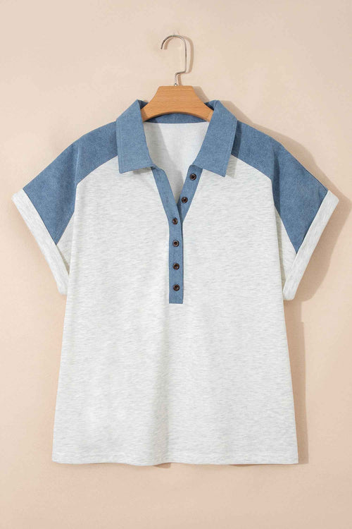 Beige Plus Size Contrast Denim Patchwork Cuffed Sleeve Polo Tee by Wild and Free Boutique