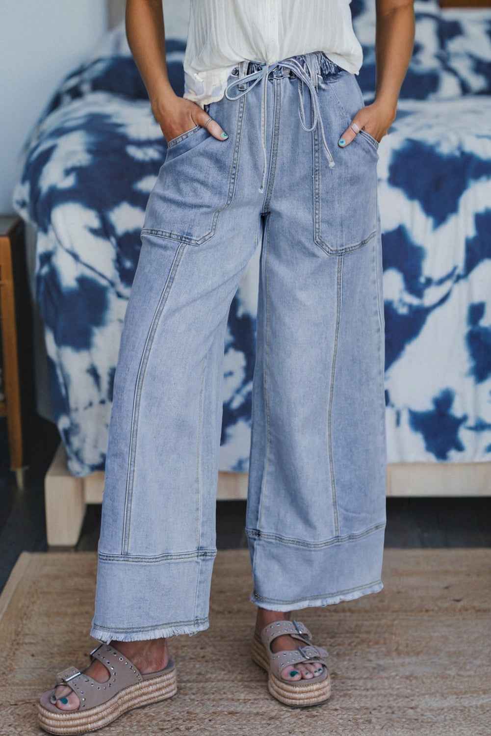 Prussian Blue Drawstring Seam Detail Raw Hem Wide Leg Denim Pants