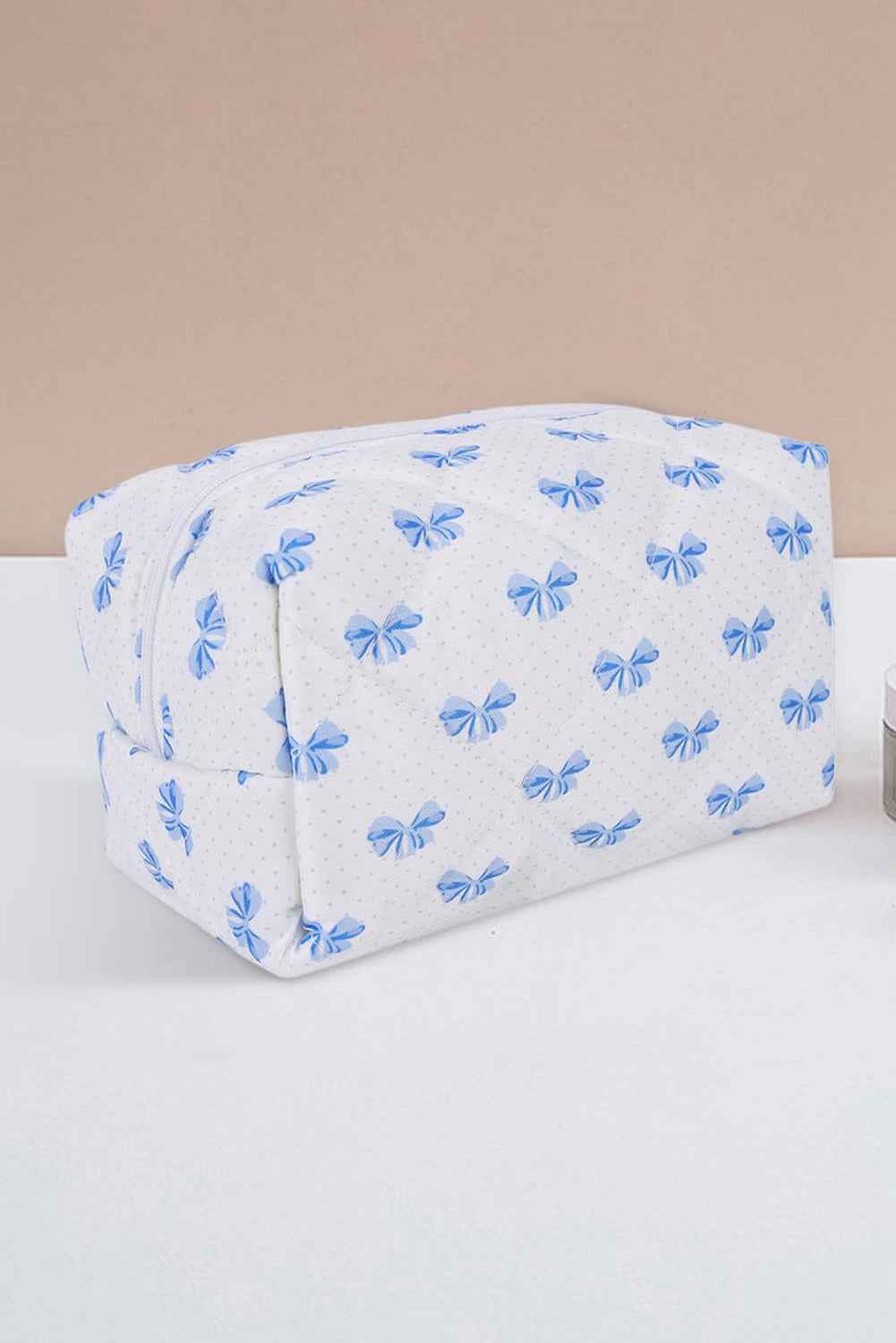 Sky Blue Bow Knot Quilted Zipper Makeup Bag